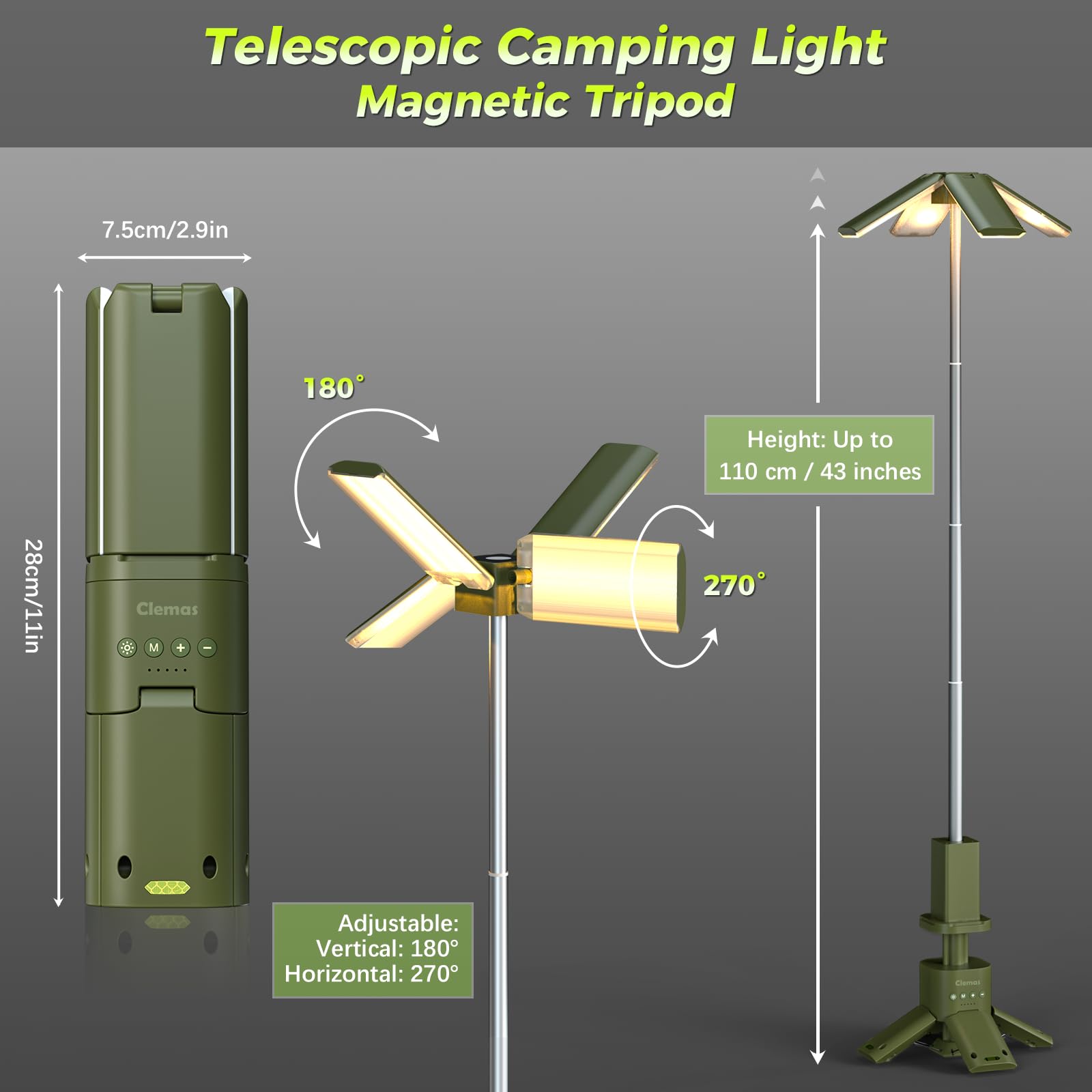 Clemas Telescopic Camping Lights 6000LM Rechargeable Magnetic Lantern Green Z2 Model IPX5 Waterproof Cordless Dimmable