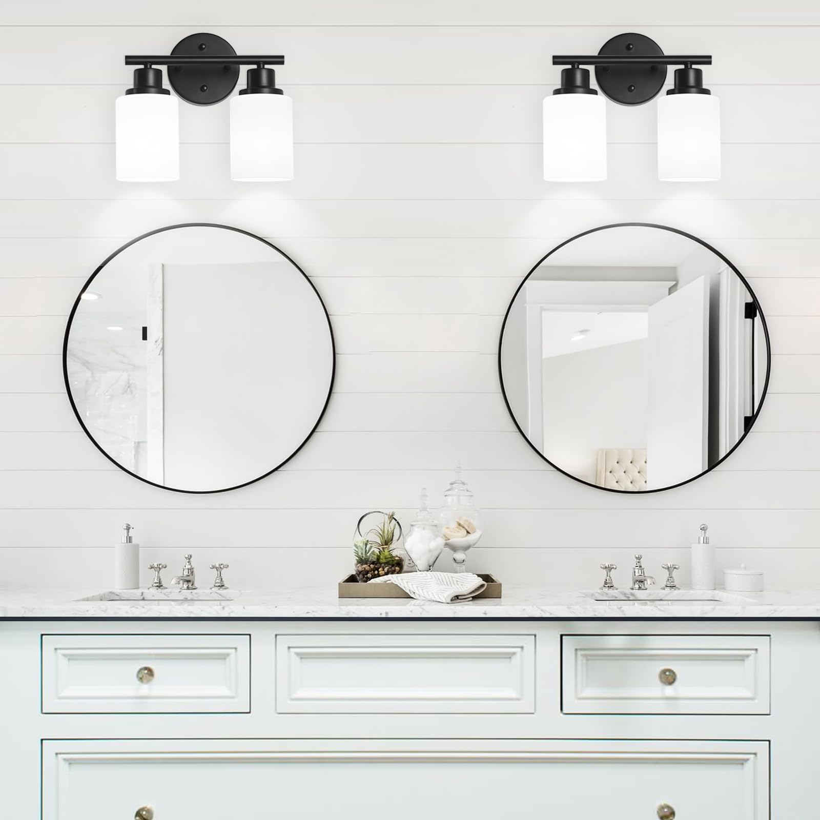 Guliaofo 2-Light Vanity Lights  Black Bathroom Light Fixture With Striped Textured Milky White Glass Shade  Modern Vanity Lighting Fixture For Bathroom Wall Light Over Mirror  E26 Wall Sconce