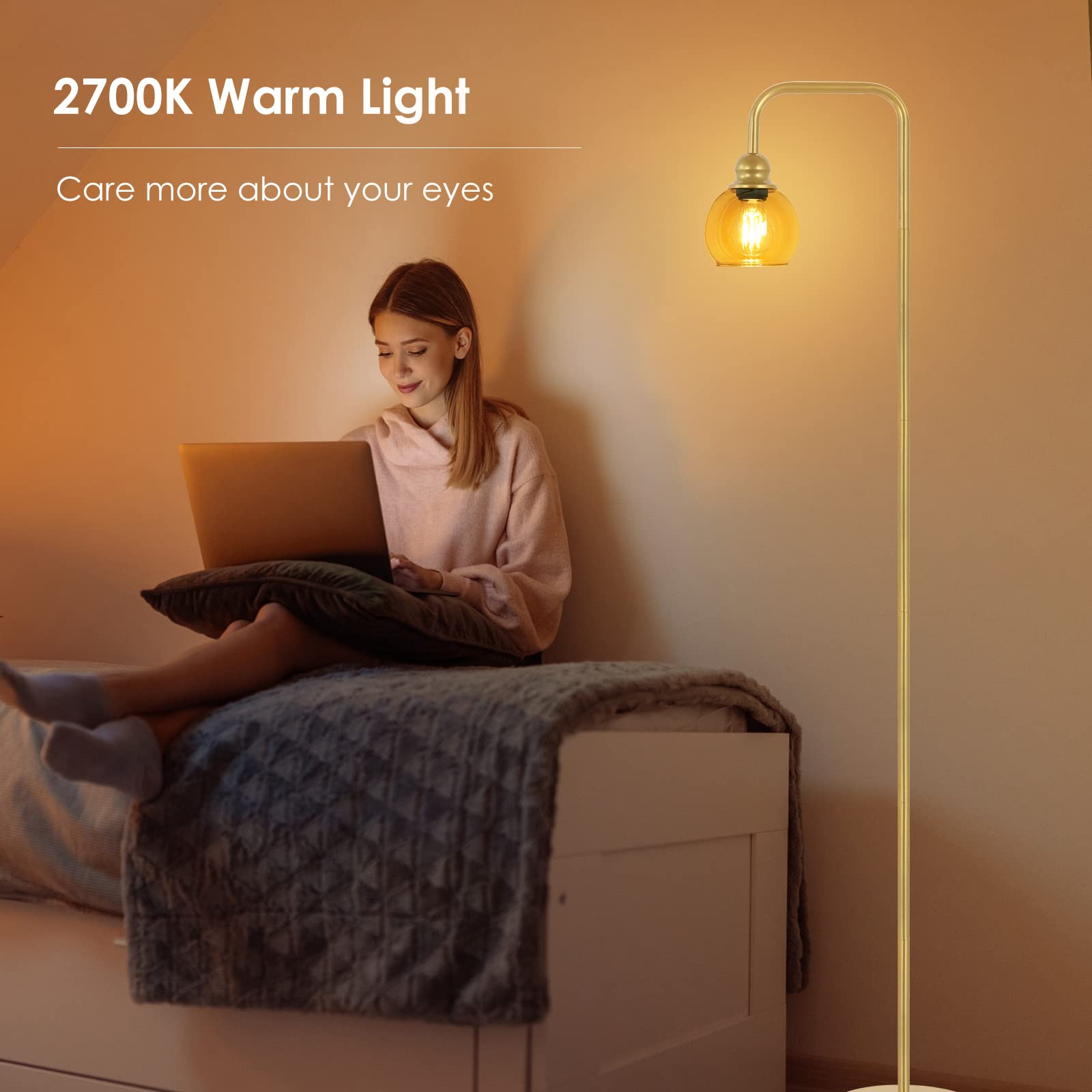 Modern Floor Lamp For Living Room With 6W Led Bulb, Industrial Floor Lamp, Amber Glass, Classic Reading Tall Lamp For Home Offic