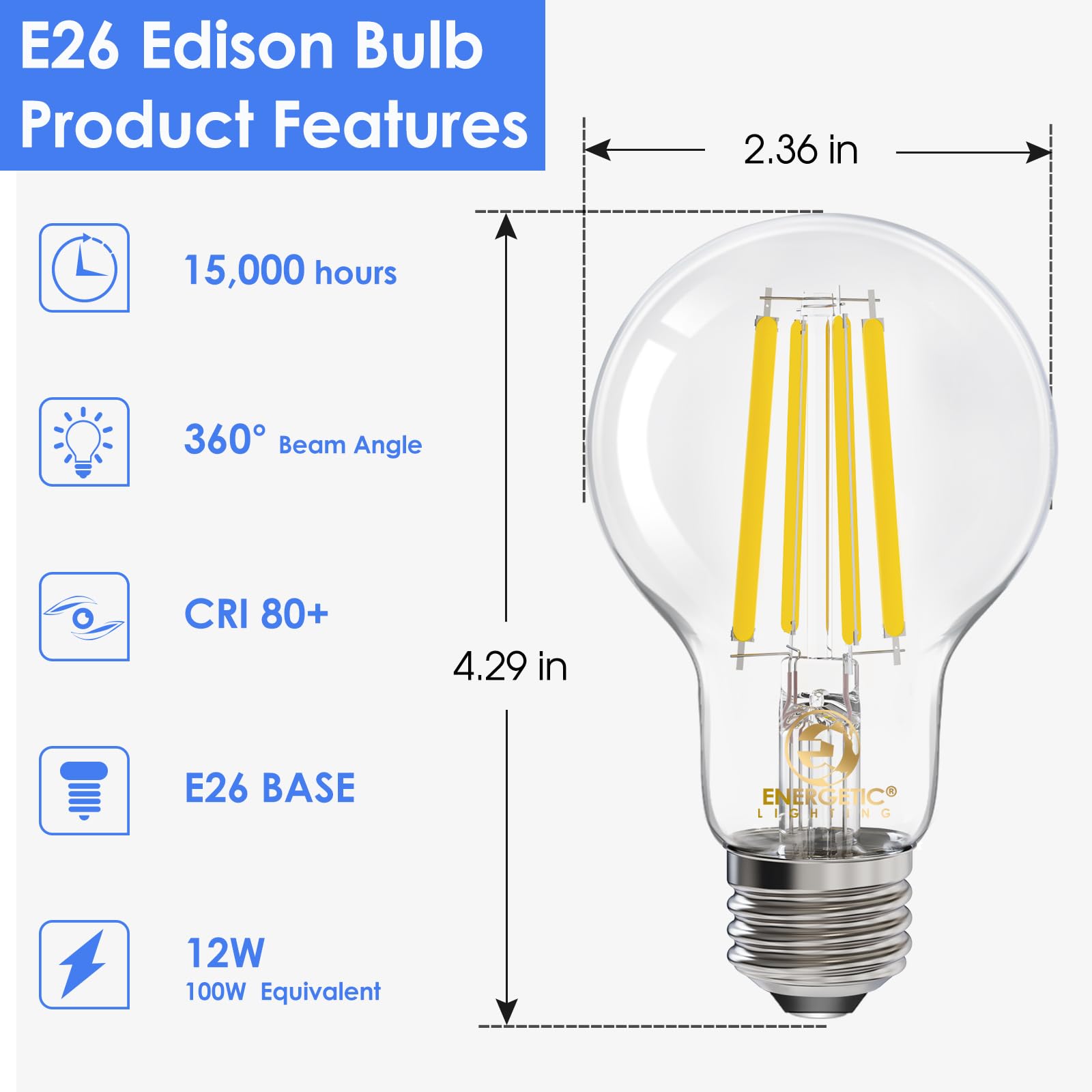 E ENERGETIC LIGHTING A19 LED Edison Light Bulb, 12W/100W, 1600LM, 5000K Daylight, Glass, 4-Pack