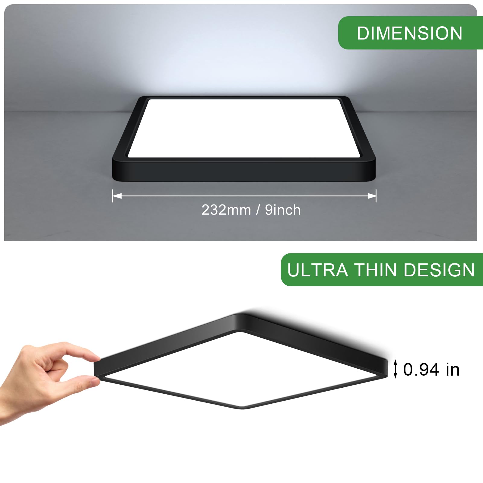 9Inch 18W Square Led Ceiling Light Fixtures Flush Mount  6000K Cold White Led Ceiling Lamp  Surface Mount Modern Ceiling Lights  Black Slim Flat Panel Lighting For Bedroom  Kitchen  Bathroom Etc