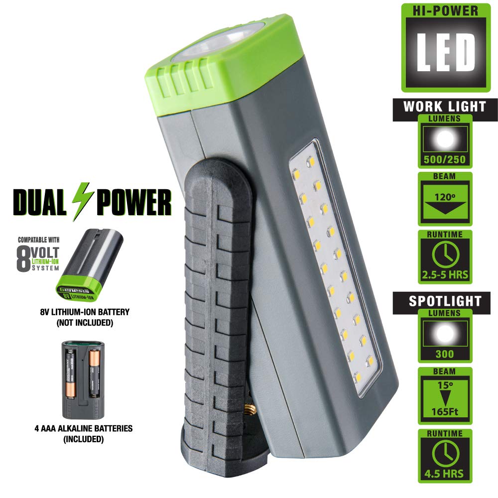 Genesis Glwl08B-A Pocket Led Work Light/Spotlight, 500+300 Lumens, 360 Kickstand With Magnetic Base, Spring-Loaded Hanging Hook,