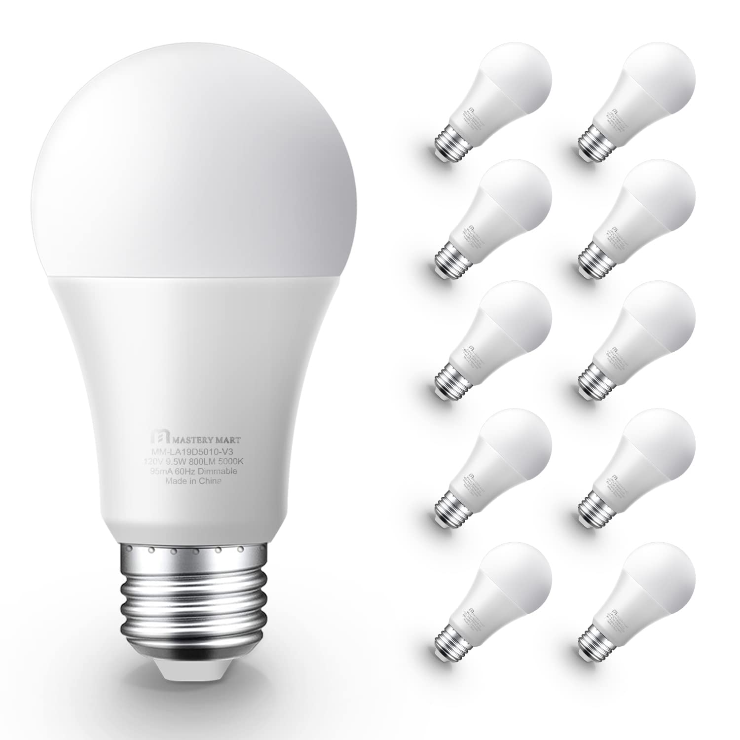 MASTERY MART Led Light Bulbs 9.5 Watt [60 Watt Equivalent]  A19 - E26 Dimmable  5000K Daylight White  800 Lumens  Medium Screw Base  Energy Star  UL Listed (Pack of 10)