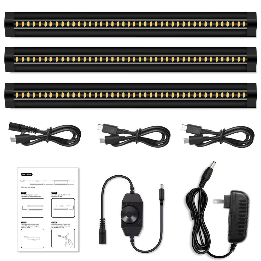 inShareplus 3 Pack LED Under Cabinet Lighting, Dimmable, 4500K, 450 Lumens, Ultra Thin, Black, Model ISP-UCB-NW30CM3-B