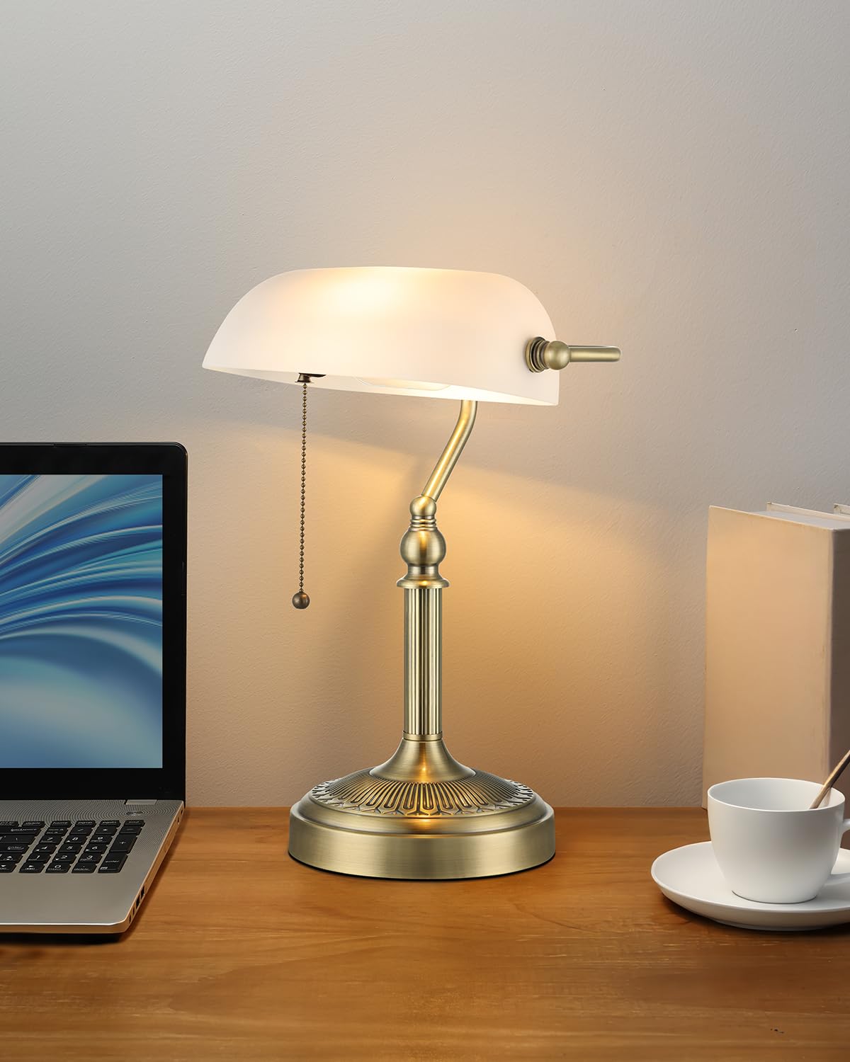 Newrays Glass Bankers Desk Lamp, T9007L, Pull Chain Switch, Simple Style, Matted White