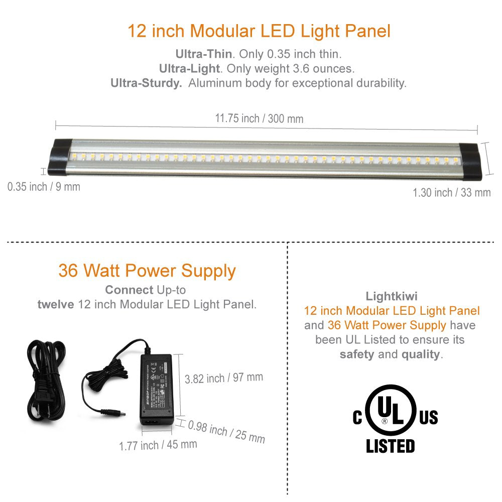 Lightkiwi N5886 12 Inch Warm White Dimmable Led Under Cabinet Lighting 12 Panel Pro Kit, 3360 Lumen, 3000 Kelvin, 24Vdc, Dimmer