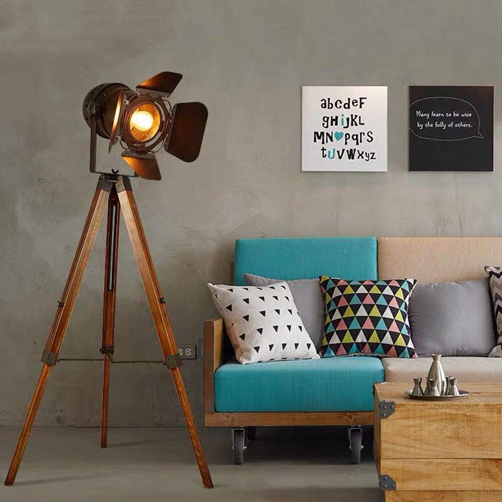 SUNLLOK Vintage Black Wood Tripod Floor Lamp - Industrial Nautical Design, Tall Adjustable Reading Light for Living Room & Office