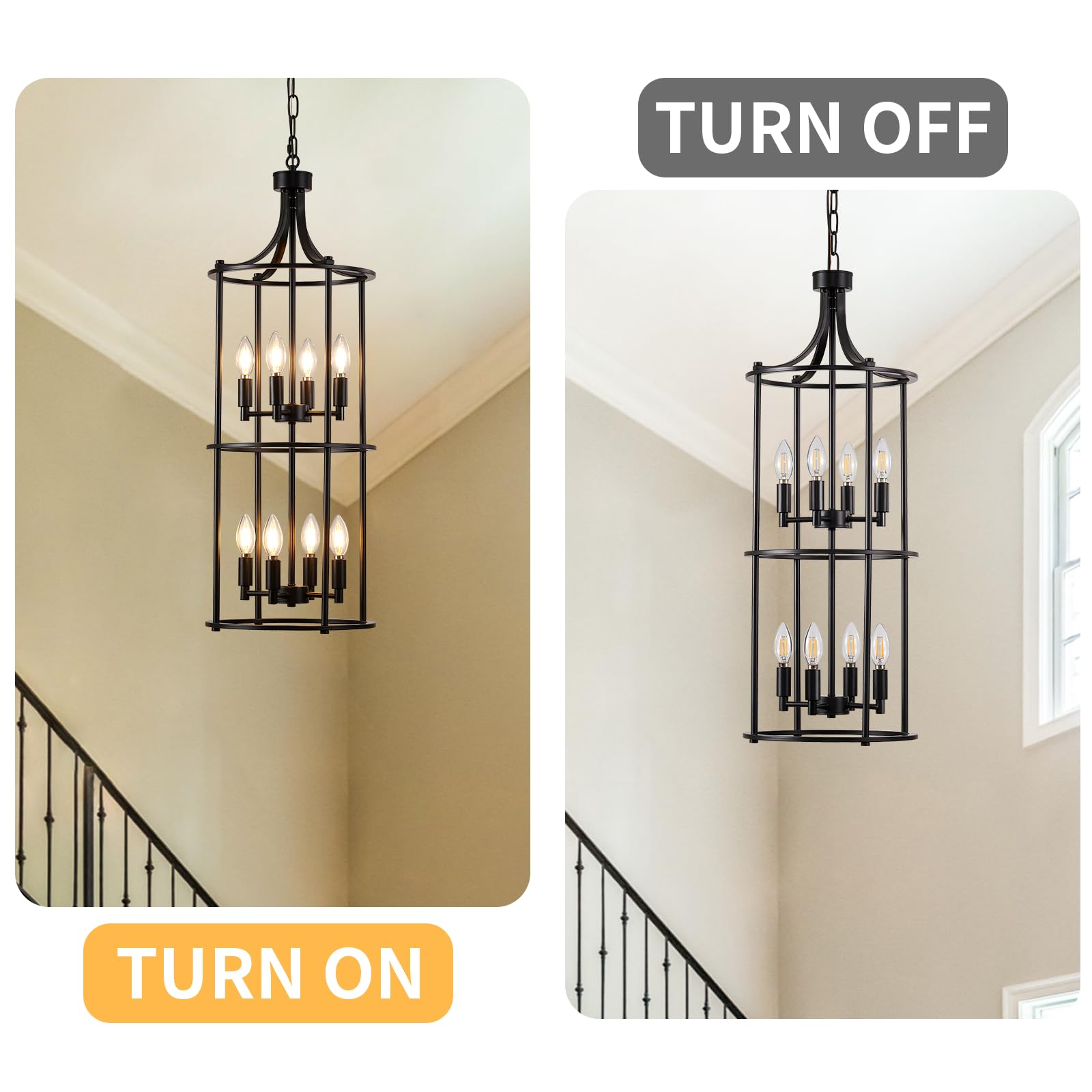 MIAYBPH Black 8-Light Lantern Tiered Chandelier, Metal Modern Farmhouse Pendant Light for High Ceilings, Kitchen, Entryway, Living Room