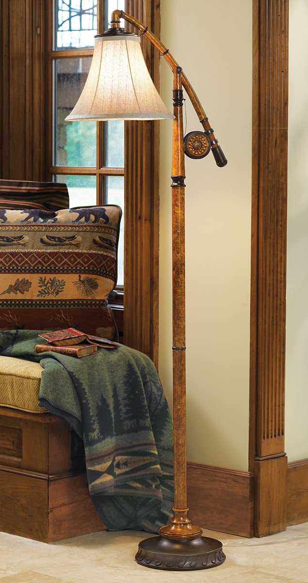 Black Forest D?or - Fishing Pole Floor Lamp with Linen Shade, Cast Resin Construction - Vintage Lakeside Style - 19'' W x 63'' H