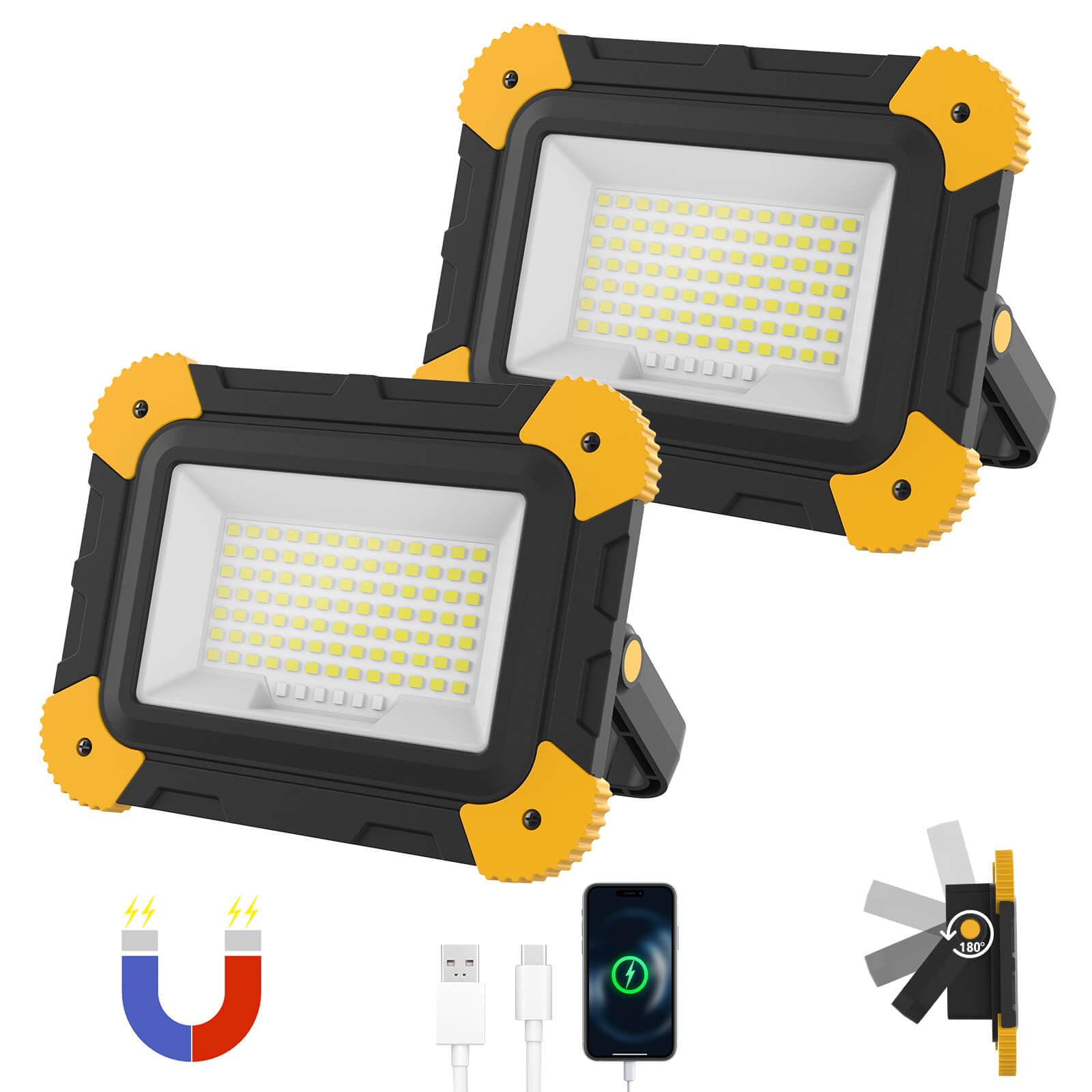 AUMIO 2-Pack Portable Flood Light  4000mAh Magnetic Rechargeable LED Work Light Battery  40W Outdoor Waterproof Work Lights Cordless 180 Rotate for Job Site Garage Camping Car Repair  Gifts for Men