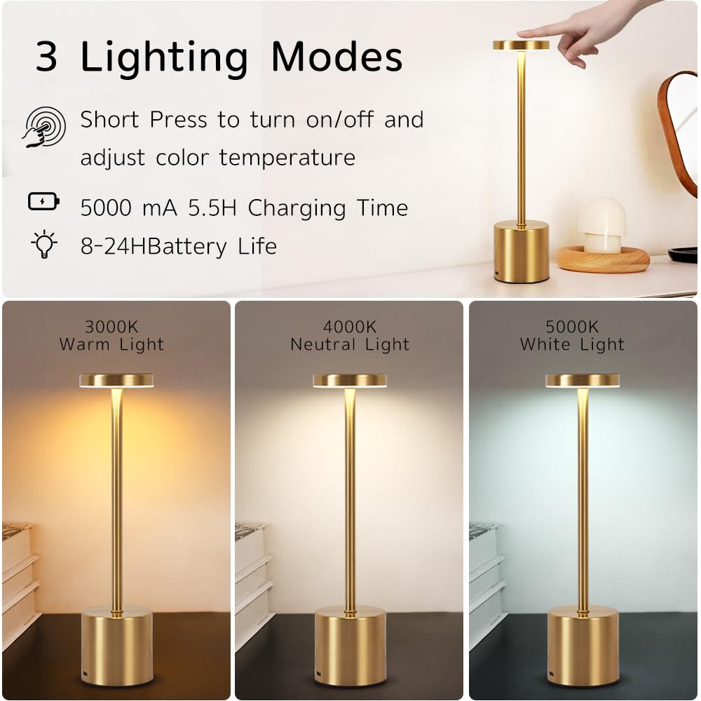 Xih 2 Pack Led Rechargeable Cordless Table Lamps Portable Outdoor 5000 Mah Battery Operated Table Light Touch Control 3 Color Dimmable Touch Lamp For Patio/Cofee/Restaurant/Camping/Dining/Bedroom-Gold