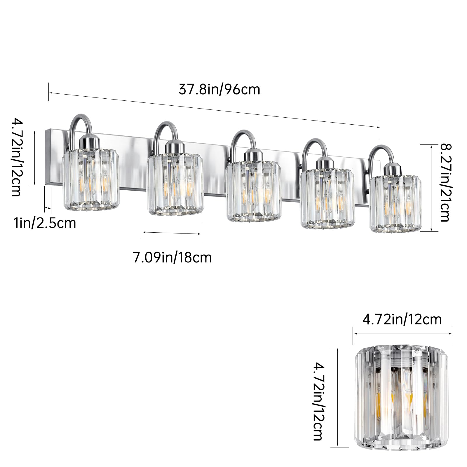 Valytime 5 Light Bathroom Vanity Light, Brushed Nickel, Stainless Steel and Crystal, Over Mirror Fixture