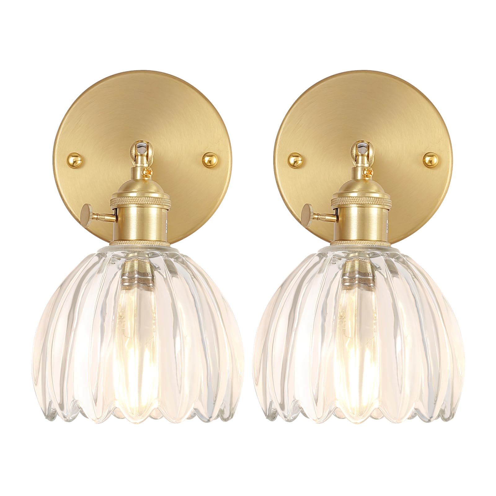 Shenmoyl Wall Sconces Set of 2, Brass, 180° Adjustable, Hardwired, Glass Tulip Lampshade, Model 1-9415