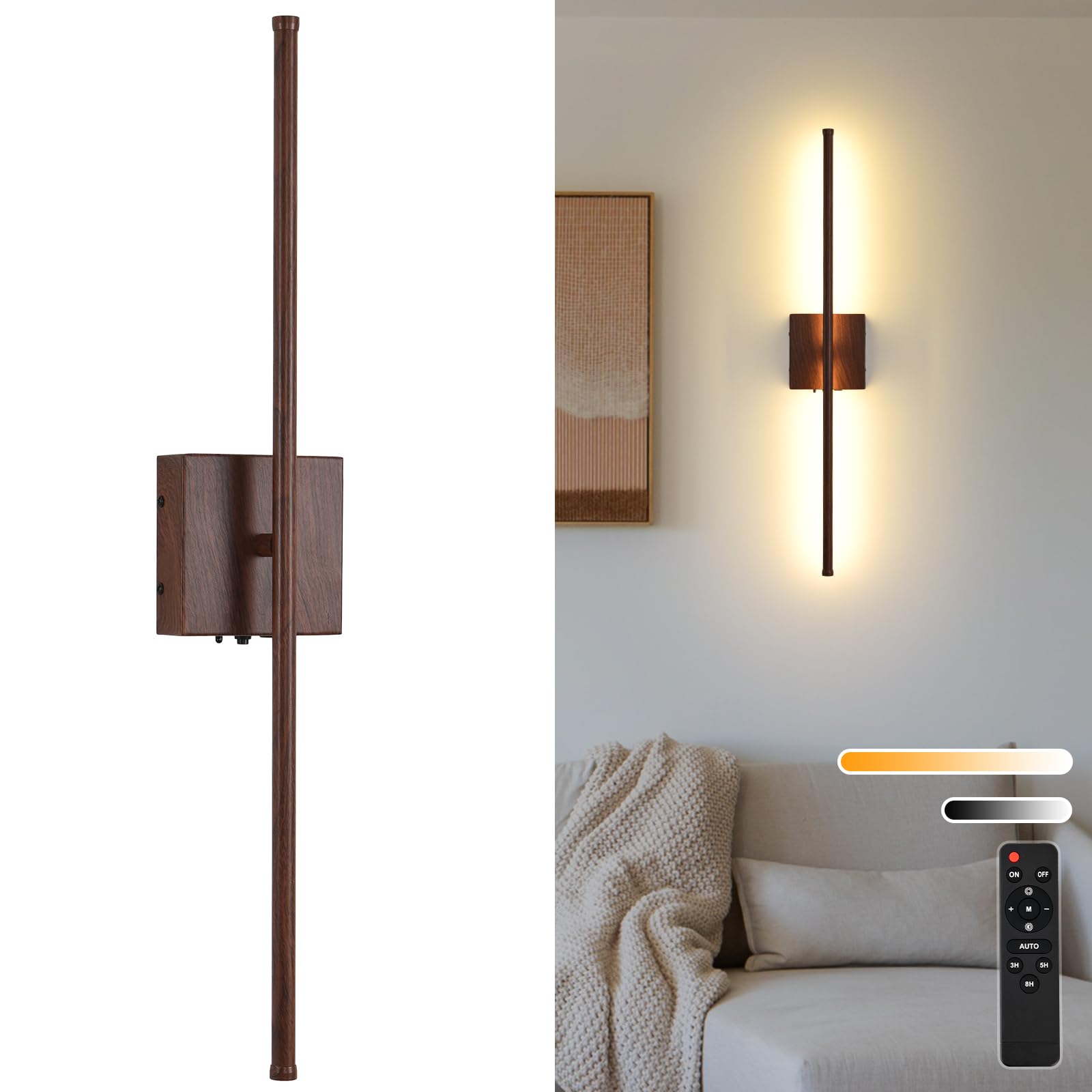 Rechargeable Battery Operated Wall Sconces, 11000mAh Faux Walnut Finish Wall Lights with Remote Control, 350Rotate Dimmable Wall
