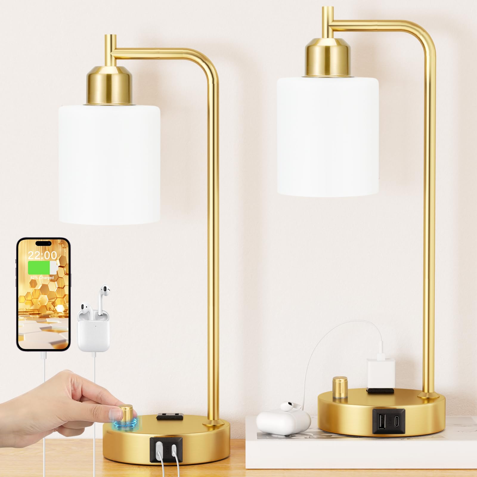 Innqoo Industrial Table Lamps for Bedroom Set of 2 - Fully Dimmable Bedside Lamps with USB Ports and Outlet, Gold Nightstand Lam