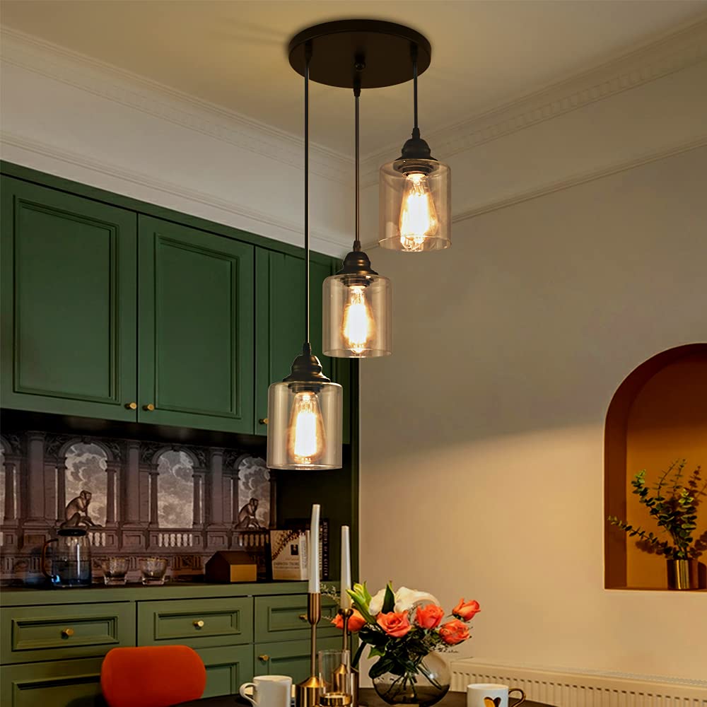 SINMILA Industrial Pendant Light - 3-Lights Matte Black Glass Shade, Adjustable Retro Fixture for Kitchen and Farmhouse