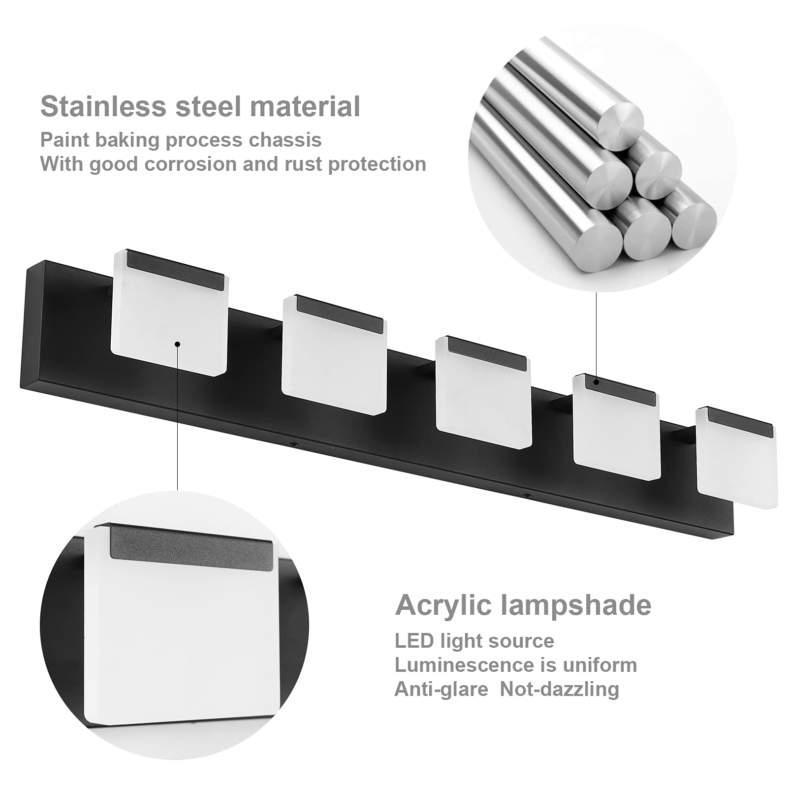 Ralbay LED Bathroom Vanity Light 5-Light Acrylic Matte Black Model 8281-5T