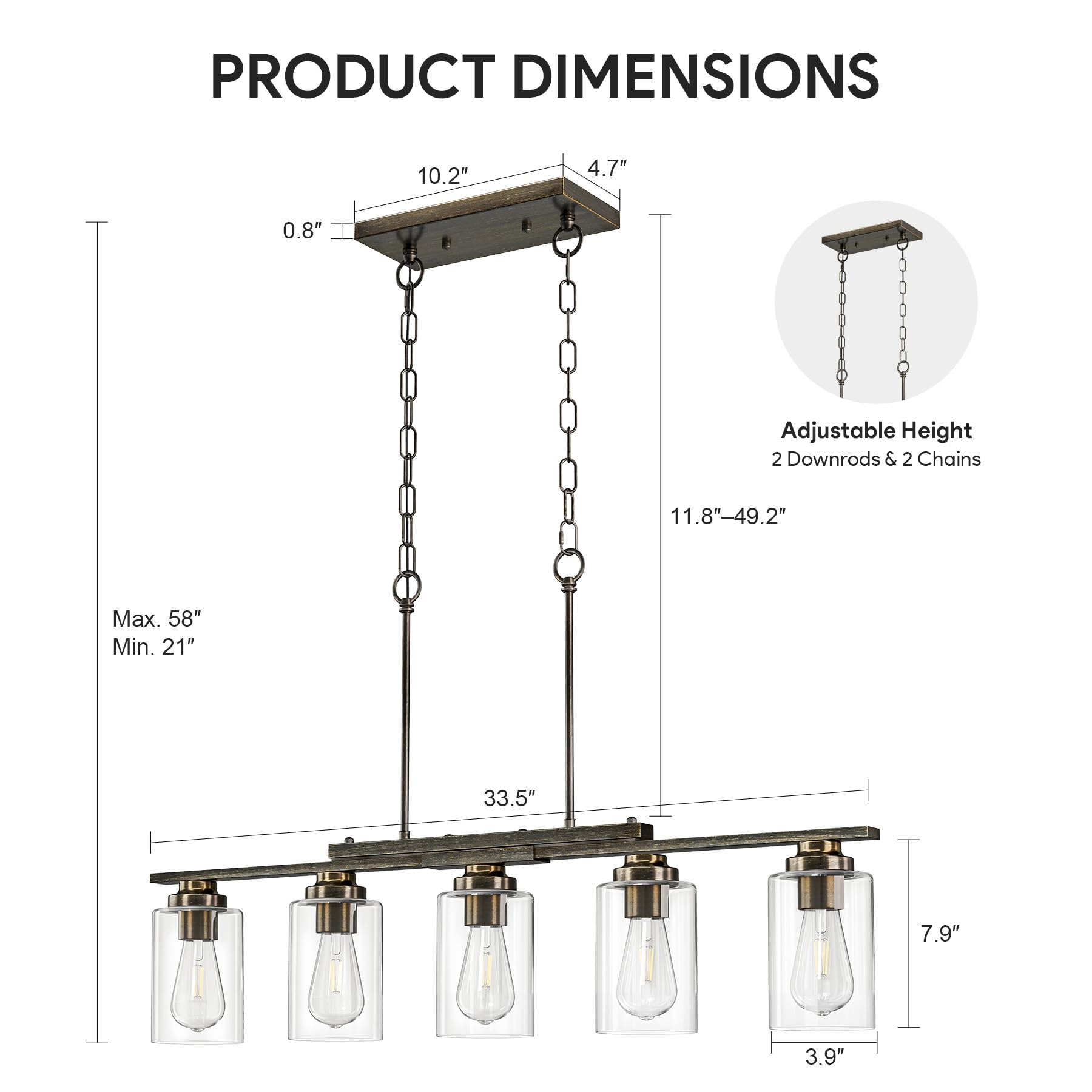 VONLUCE 5-Light Kitchen Island Lighting Fixture, Antique Black Glass Shade, Adjustable Rods, ETL Certified Chandelier for Dining Room