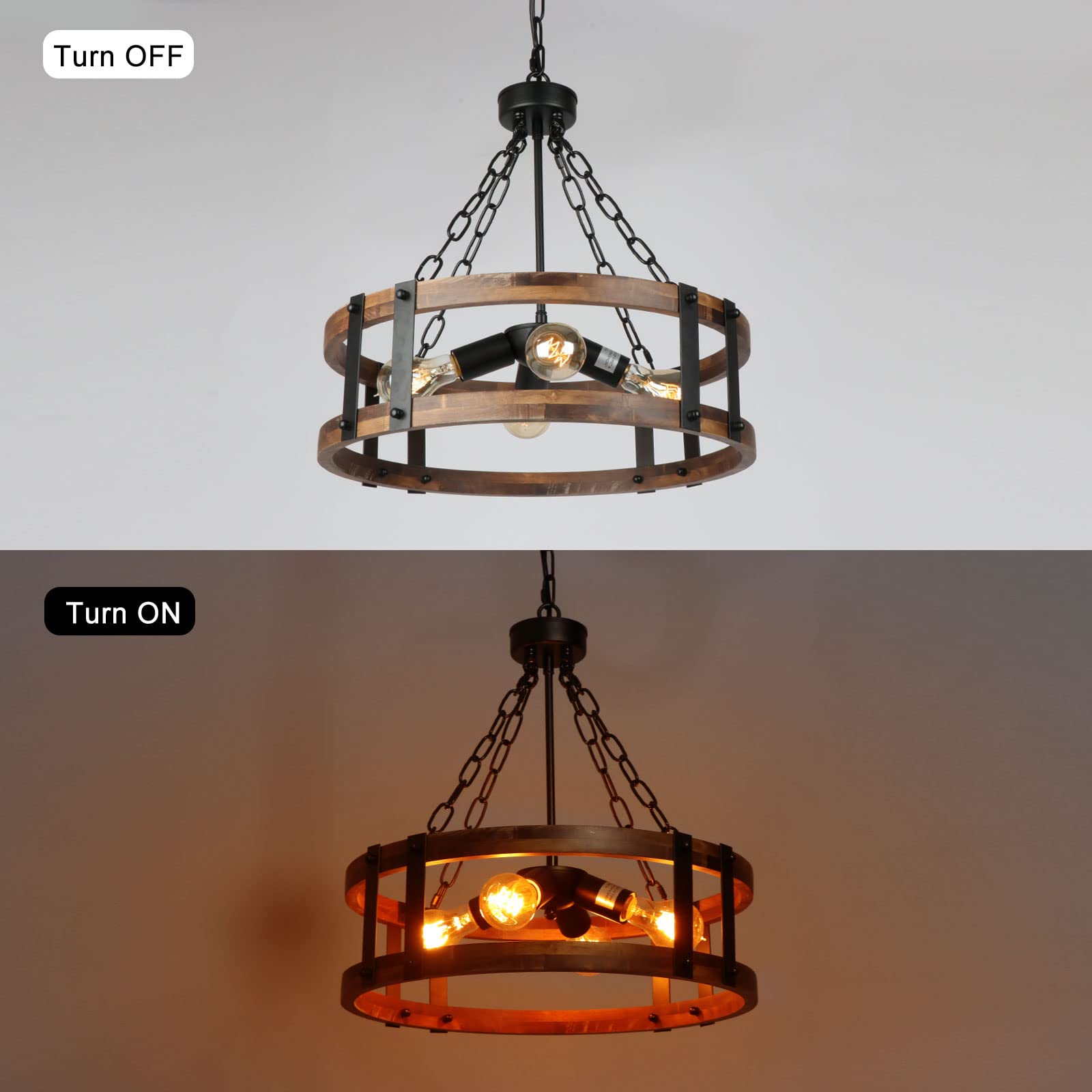 Voguad 4-Light Rustic Wood Chandelier, Vintage Industrial Pendant Light, Black Metal Accent for Dining Room, Kitchen, Living Room