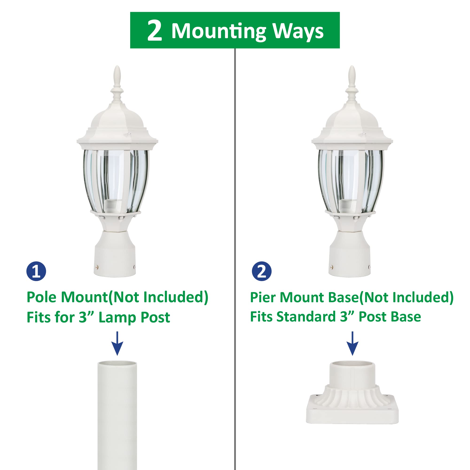 LIT-PaTH Outdoor Post Light Lantern Fixture, Aluminum, E26 Base Max 60W, Matte White Finish, Model LT-PL001, 1-Pack