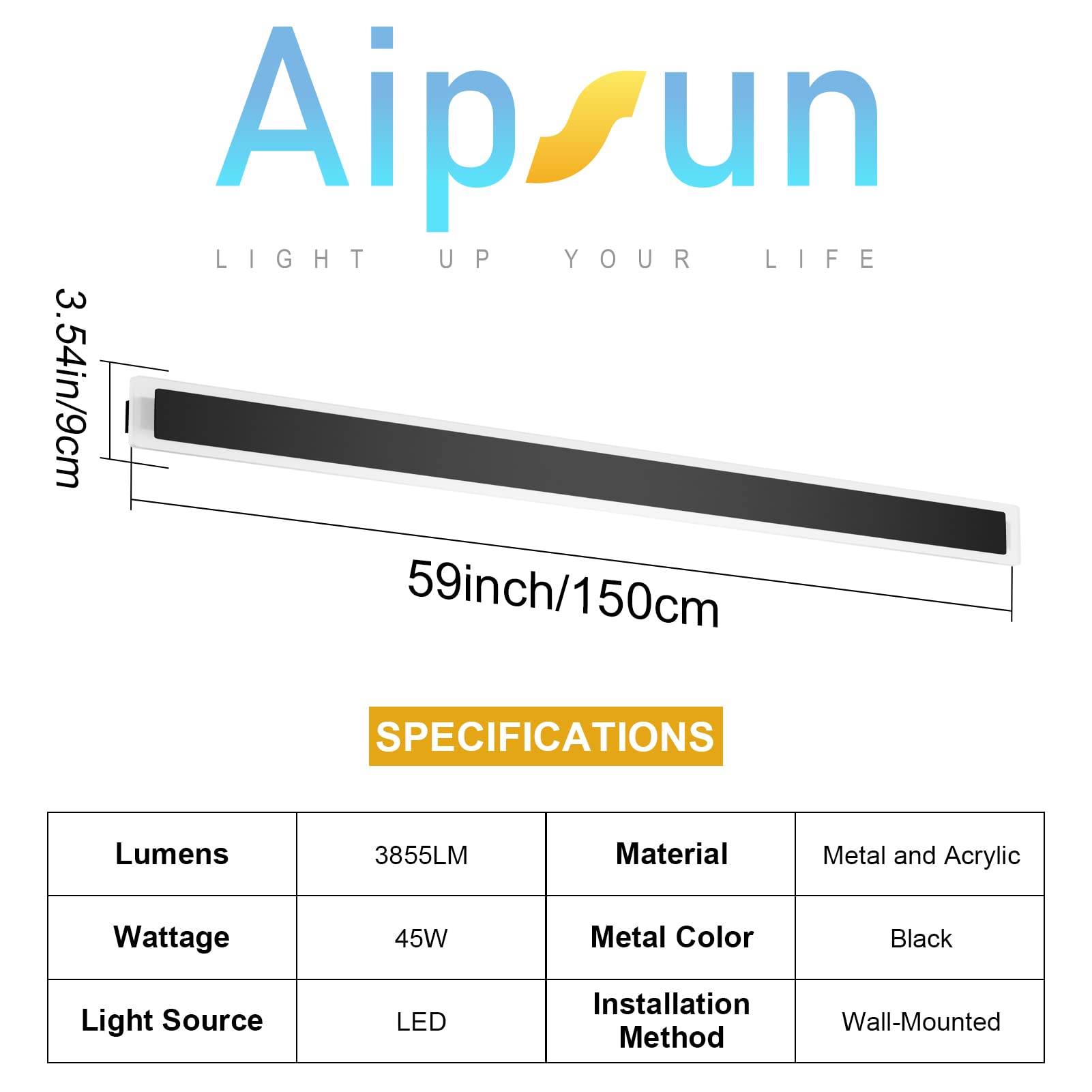 Aipsun Porch Wall Lights 59Inch Long Strip Modern Outdoor Wall Light Fixture, Black Wall Mount Lighting Sconce Exterior Lights W