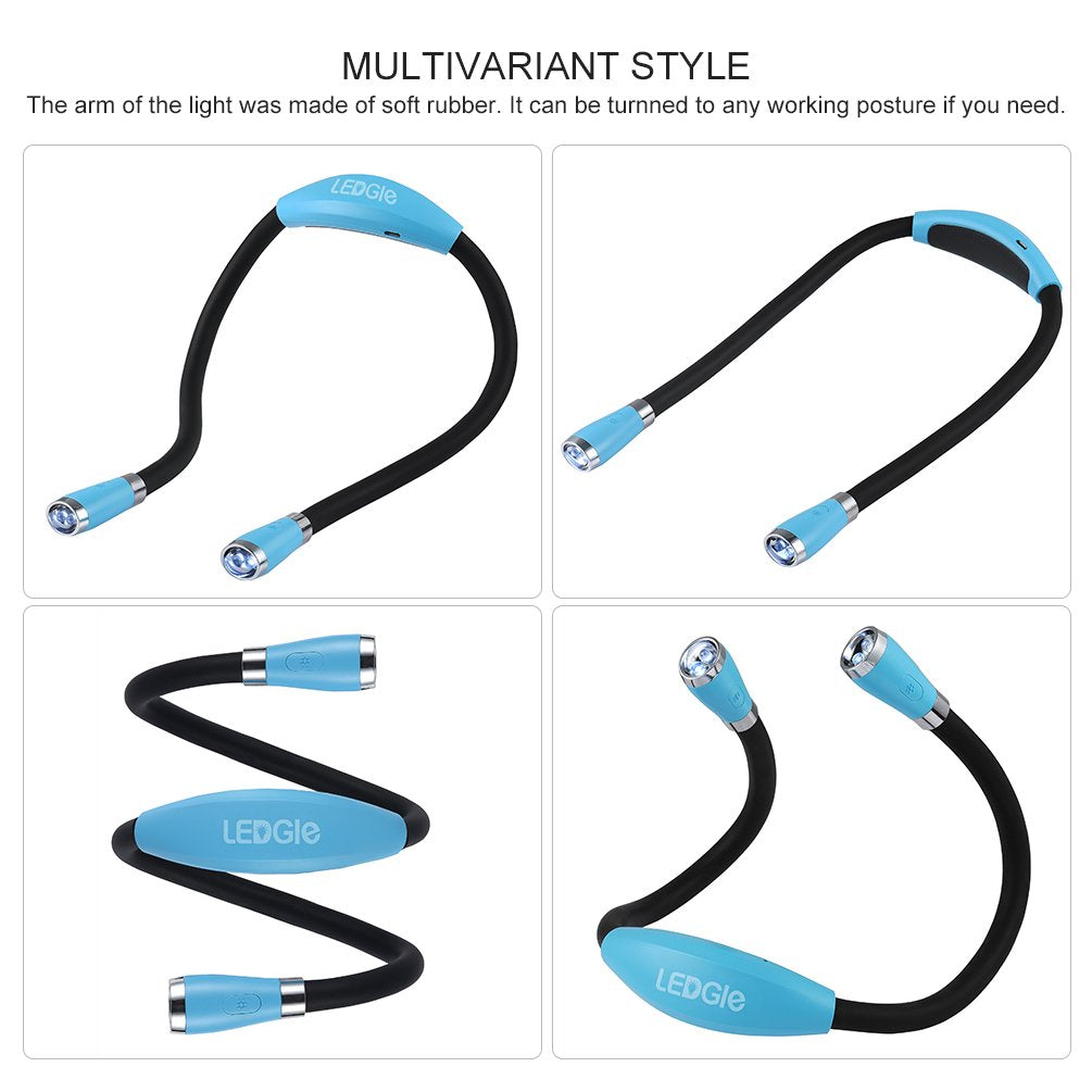 LEDGLE Neck Reading Light - Rechargeable, 4 LED Bulbs, 3 Brightness Levels, Flexible Silicone Arms, Sky Blue, Model NBL1