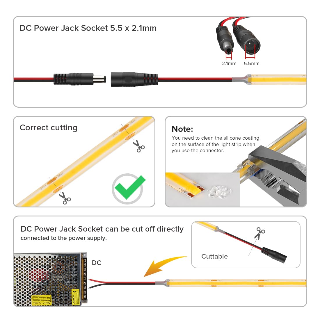 FCOB COB LED Strip Light 16.4FT IP65 Waterproof DC12V 320LEDs/m Warm White 3000K Dimmable Model FCOB5M12V8