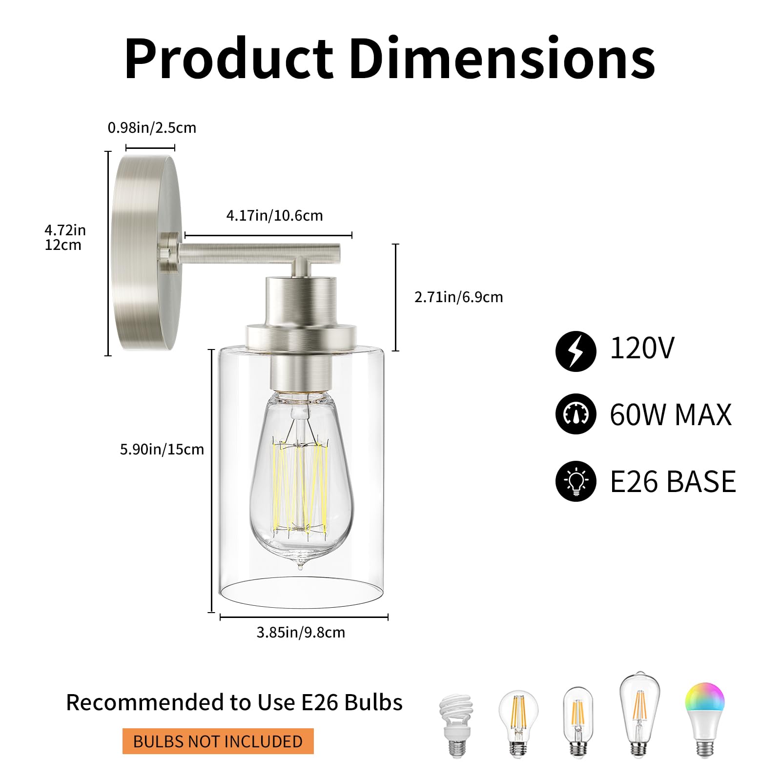 Buthy Brushed Nickel Wall Light: Led Wall Sconces Indoor, Modern Sconces Wall Lighting With E26 Base And Clear Glass Shade, Wall Light Fixtures For Bedroom, Hallway, Mirror, Living Room