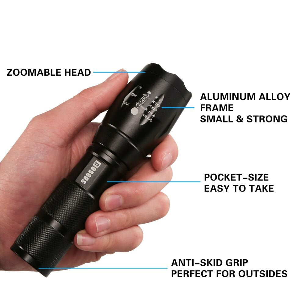 COSOOS LED Flashlight - 5-Mode High Lumen, Zoomable, Waterproof, Portable with Holster - Ideal for Emergency, Hiking, Camping Gear