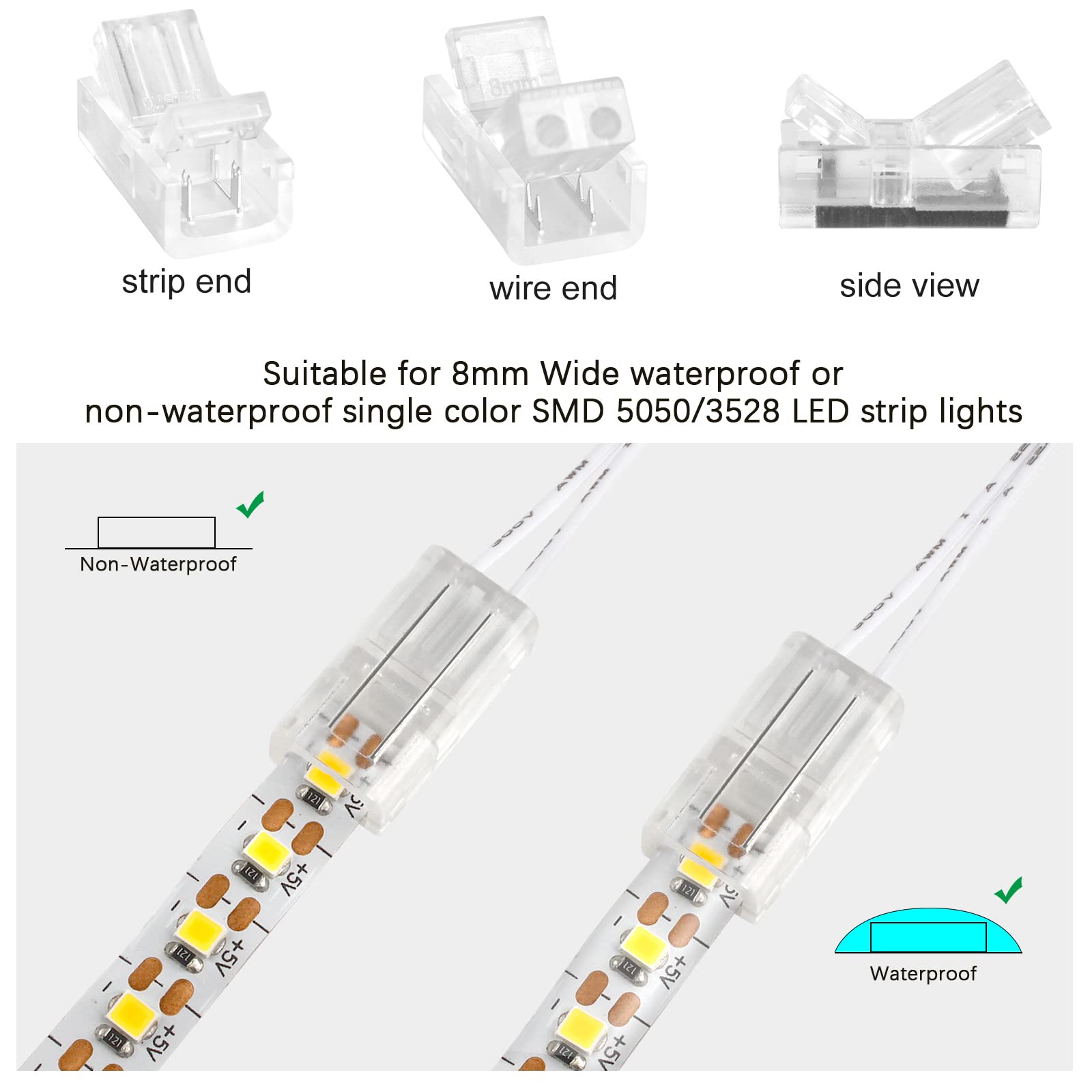 Rgbzone 10Pcs 2-Pin 8Mm Led Strip To Wire Connectors And 10M/32.8Ft 2 Pin Extension Wire For Waterproof Or Non-Waterproof Single