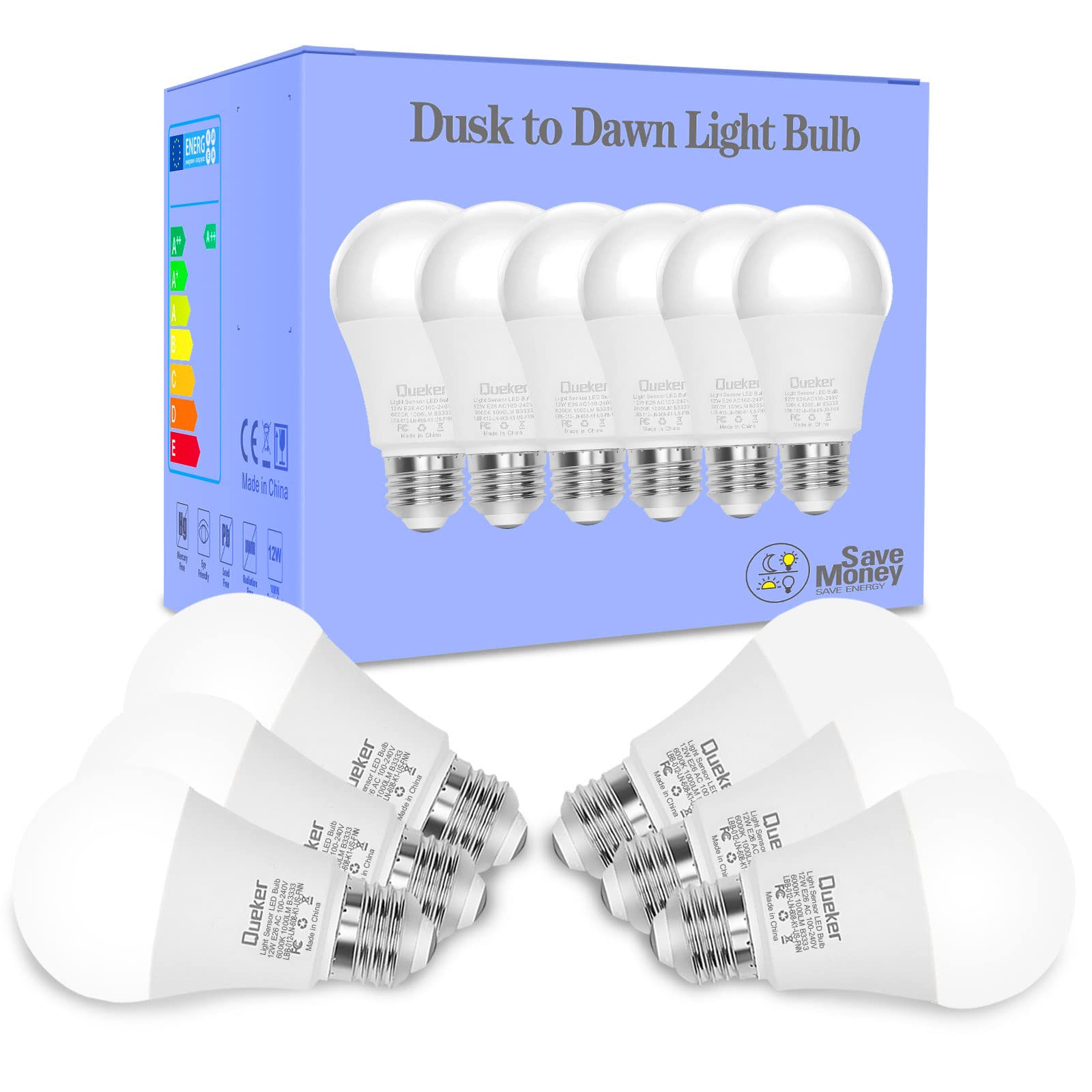 6 Pack Dusk To Dawn Light Bulbs Outdoor 6000K Cool White Sensor Bulbs, 12W (100 Watt Equivalent) Auto On Off Photocell Sensor, E