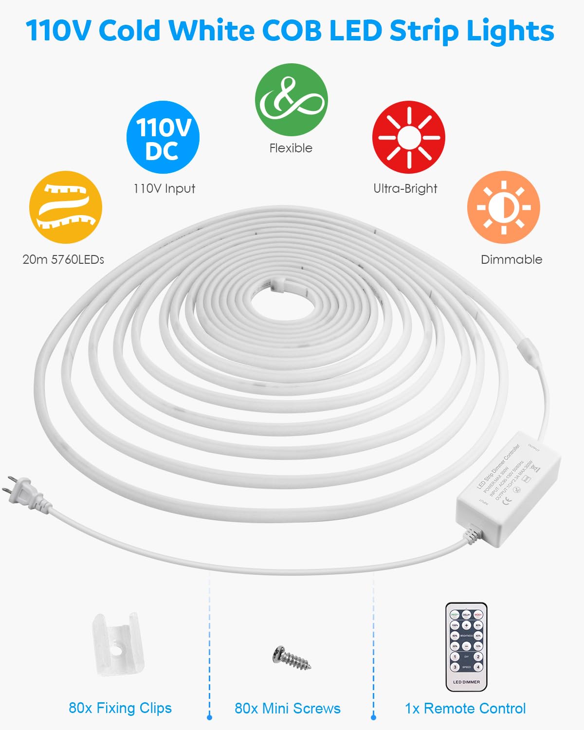 Aclorol 20M White Cob Led Strip Lights Outdoor Waterproof Flexible Fcob Cob Light Strip Dimmable Cold White Ac 100-120V 6000K Fo