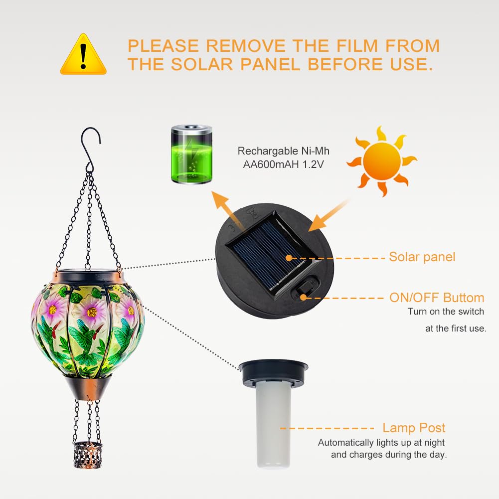 Dreamsoul Hummingbird Hot Air Balloon Solar Lantern, Hanging Solar Lanterns Outdoor With Flickering Flame Light, Metal & Glass S