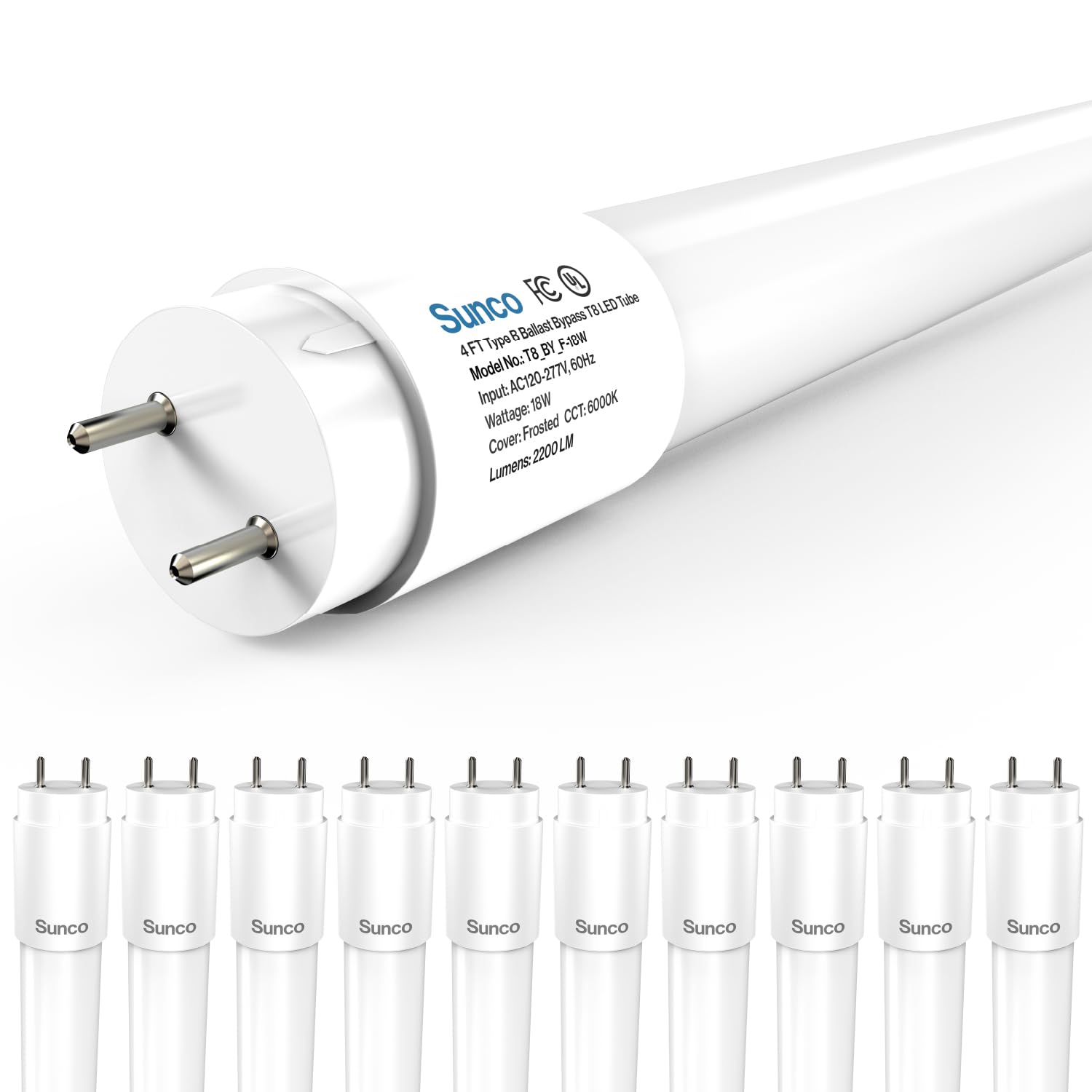 Sunco T8 LED Bulbs 4ft, 10 Pack, 18W, 2200 LM, 6000K Daylight Deluxe, Ballast Bypass, Single Ended Power