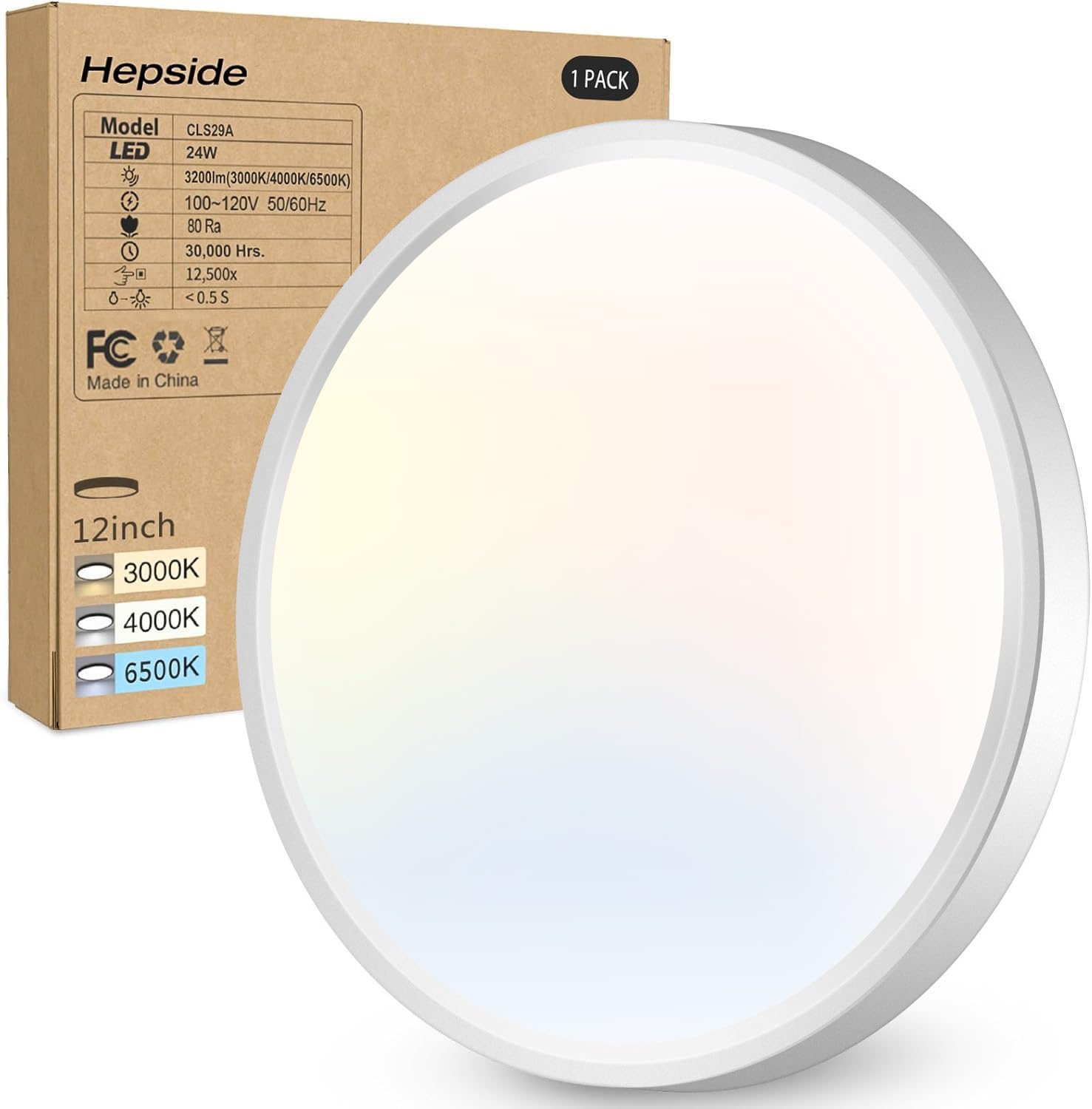 Hepside LED Flush Mount Ceiling Light 3CCT 24W 3200Lm 12 Inch Plastic White Model bebe3b06