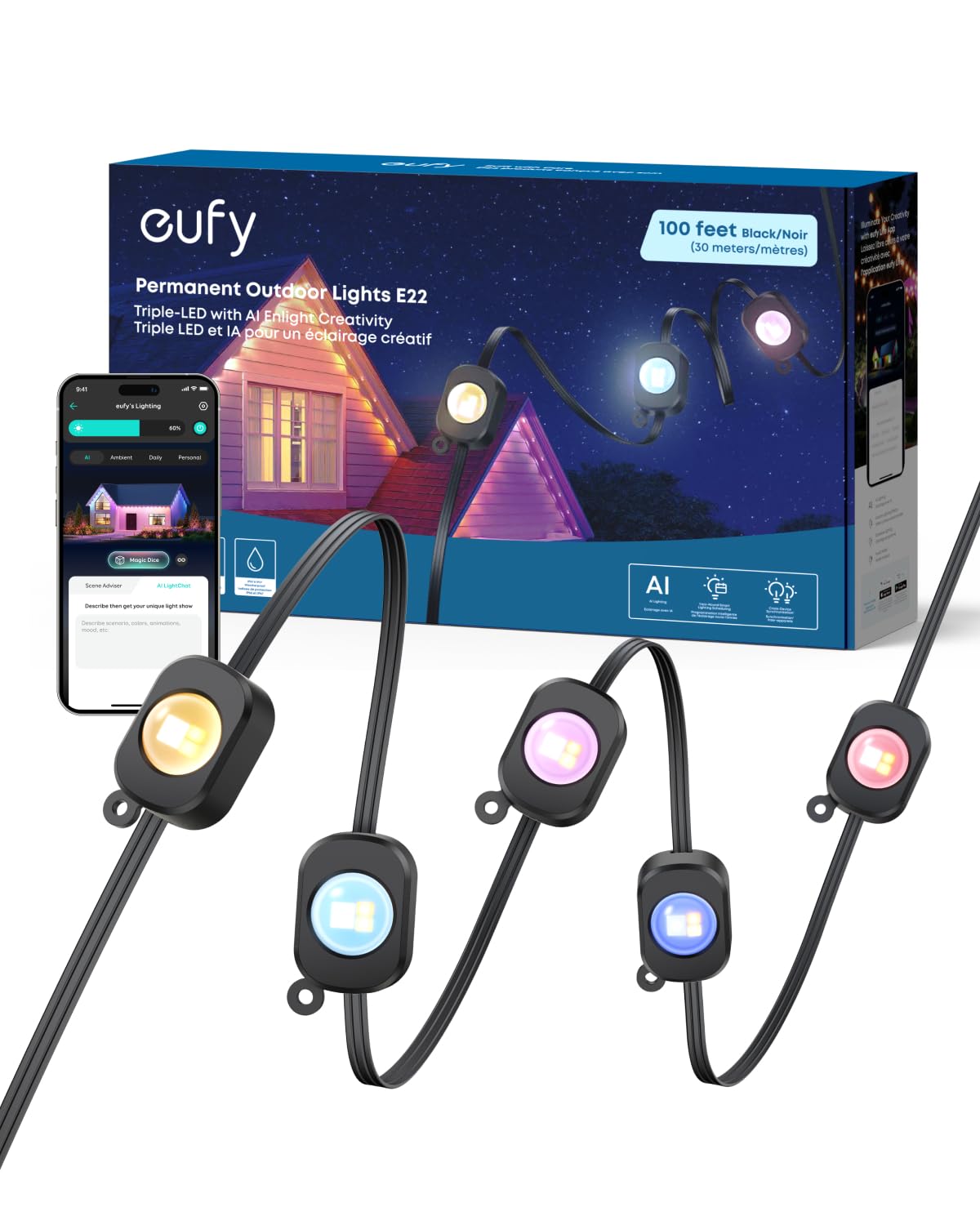 Eufy Permanent Outdoor Lights E22  100Ft With 60 Triple-Led Lights  Smart Rgbww  Daily And Holiday  Up To Ip67 Waterproof  Ai Lighting Themes For Halloween  Christmas  Links With Cameras  Black