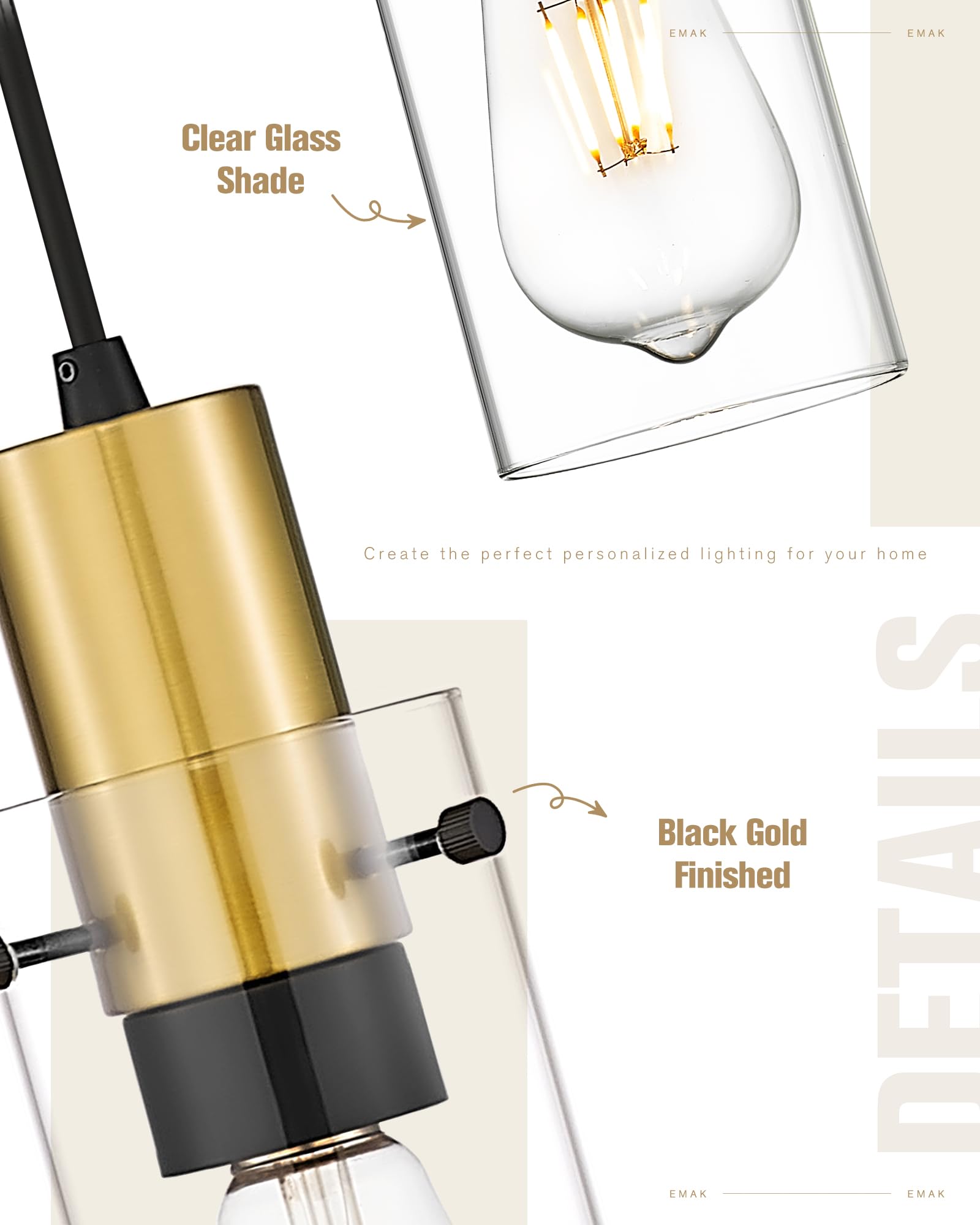 Emak 3-Light Cluster Pendant Light, Black & Gold Modern Fixture With Clear Glass Shade