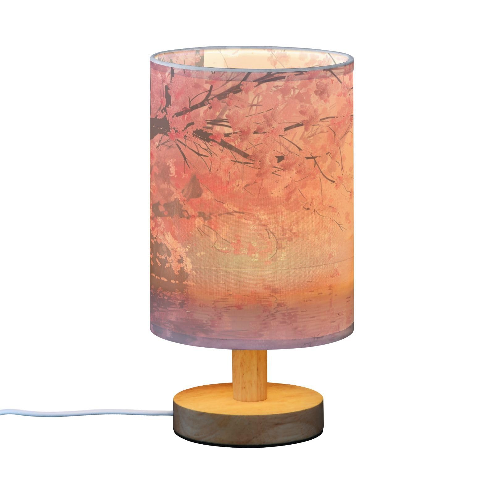 Oarencol Bedside Table Lamp Cherry Blossom Pink Floral Flower Nightstand Lamp With Wood Desk Lamps For Bedroom Living Room Nurse