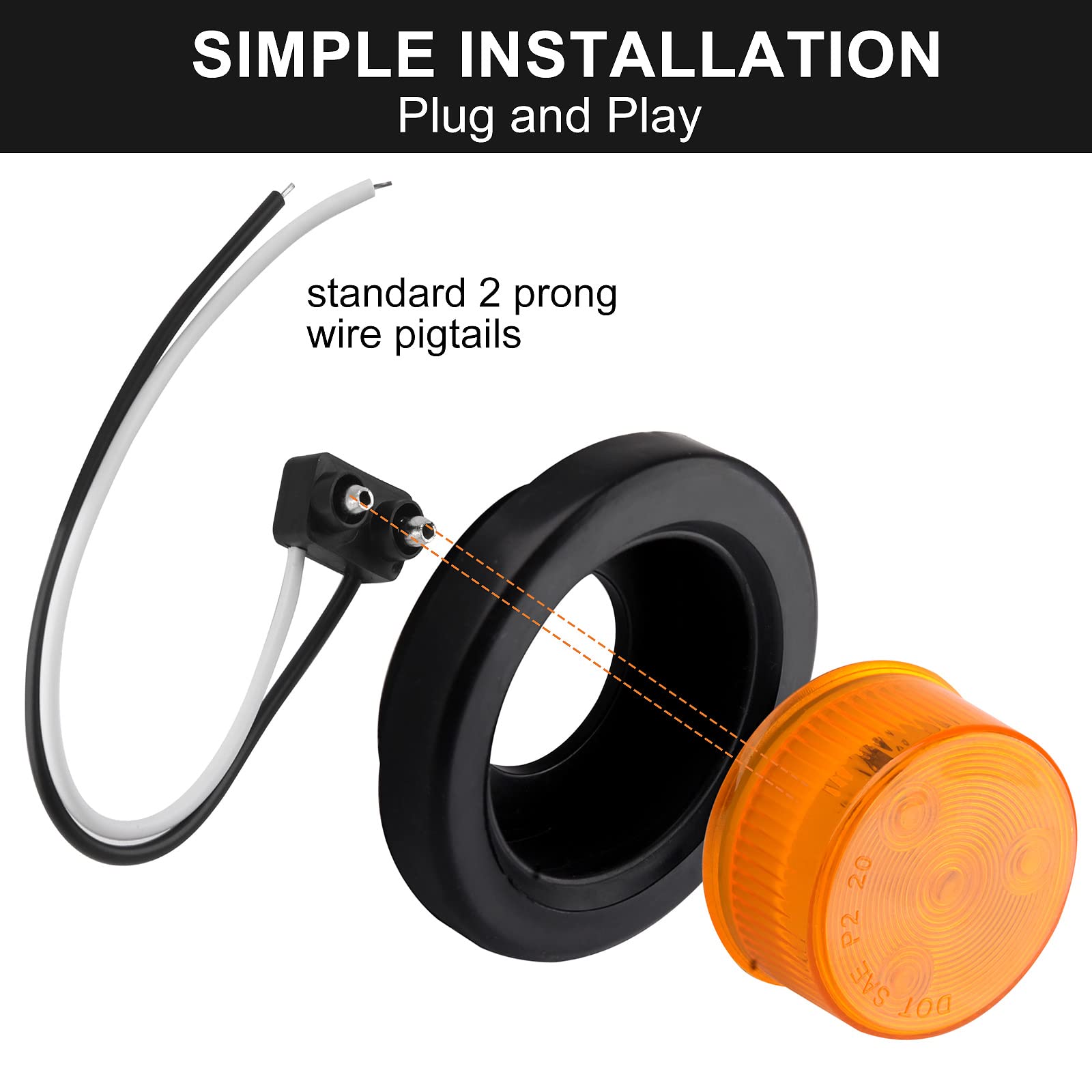 10Pcs 2 Inch Round Led Trailer Side Marker Clearance Lights Amber, Sealed 2'' Round Led Trailer Marker Lights 4 Leds W/Rubber Gr