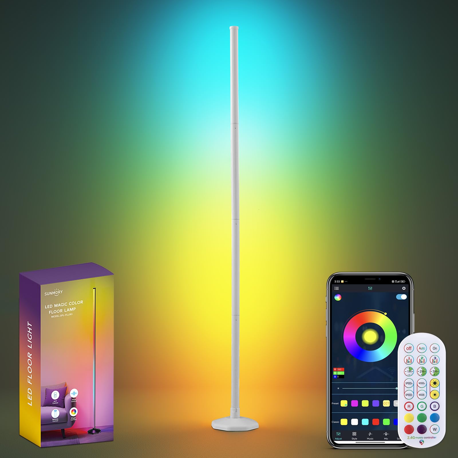 SUNMORY RGB LED Floor Lamp, 57'' Corner Lamp with 80+ Scene & Timer, Smart Modern Ambient Lighting with Music Sync & 16 Million 