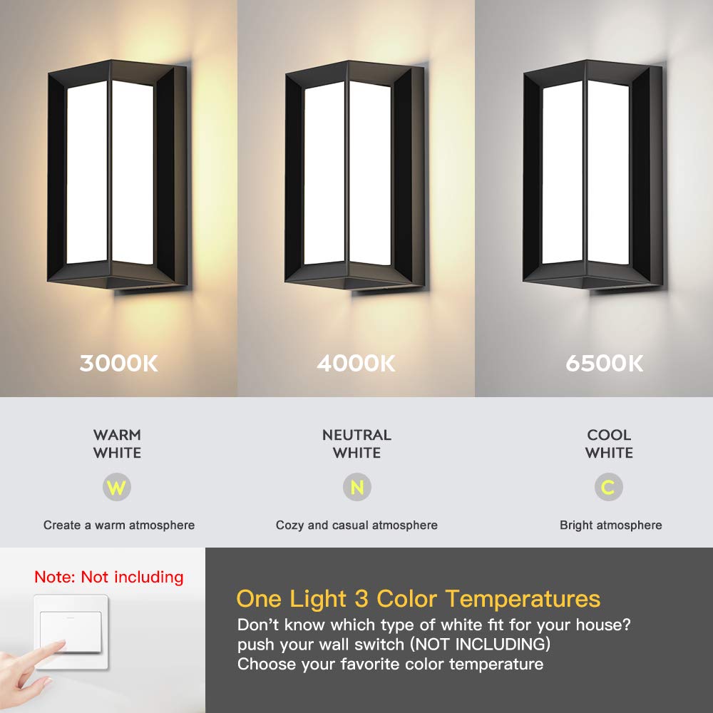 Sytmhoe Modern Led Outdoor Wall Sconce, 24W Matte Black, 3-Color Changeable, Patio Light