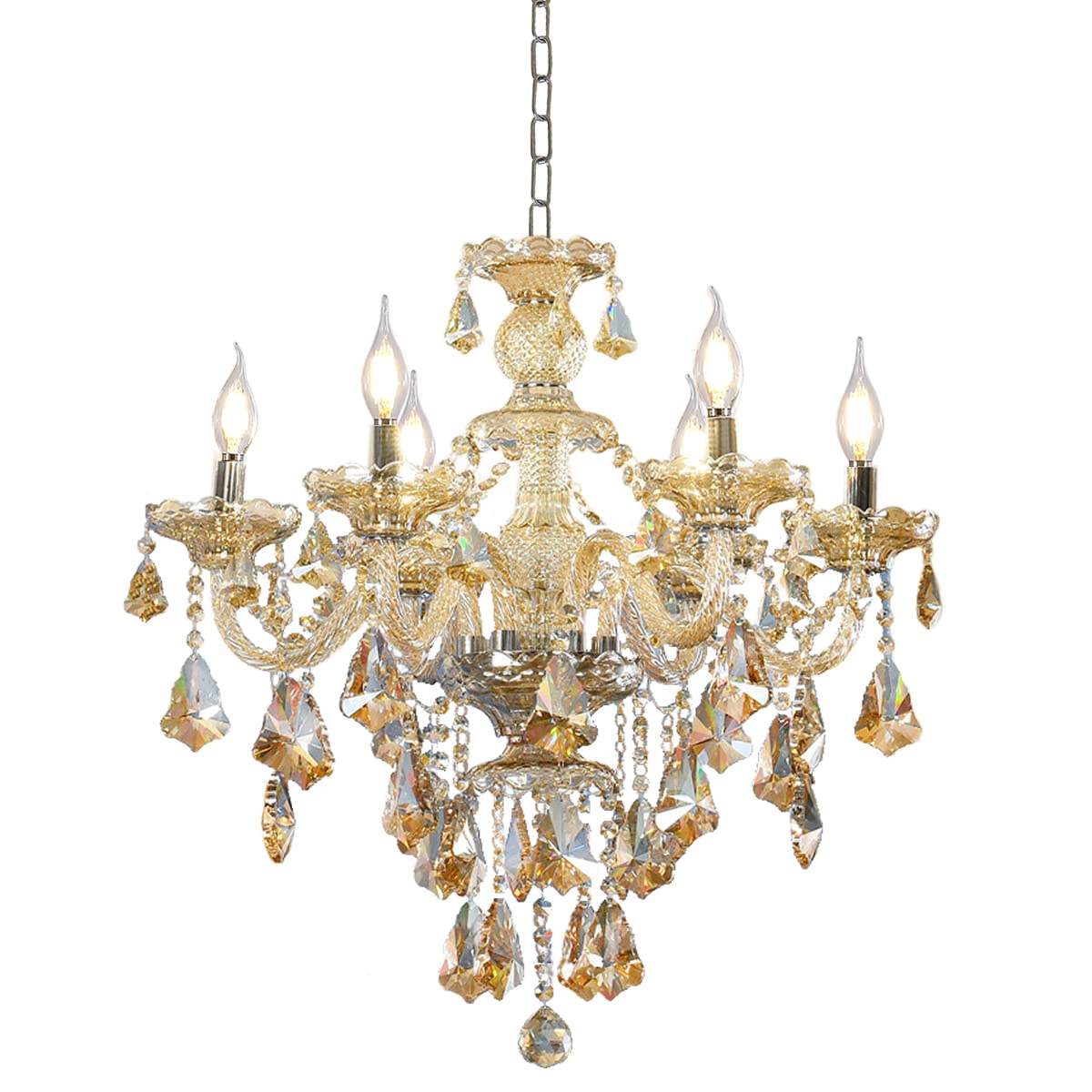 Durahonn Modern K9 Crystal Chandelier Cognac 6 Lights  E12 Base Candle Crystal Pendant Lighting Fixture  Elegant Crystal Ceiling Light for Dinning Living Room Bedroom Hallway (6 Lights)