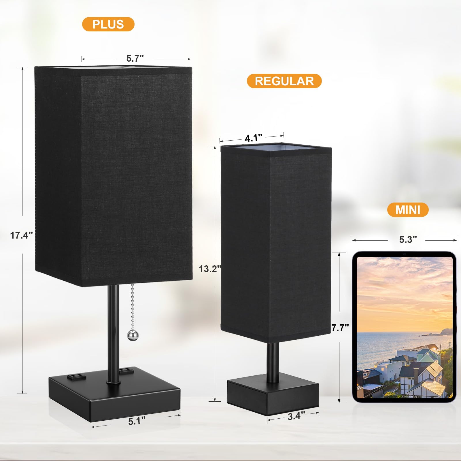 Aooshine Black Medium Table Lamp With Usb Ports - 3 Color Temperature Bedside Lamp For Bedroom, Pull Chain Control, Usb A And C