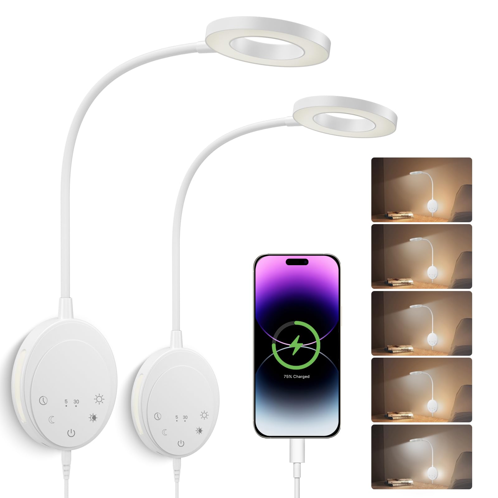 NoeiiT Wall Mounted Reading Light,Headboard Reading Lamp with 5 Color Temperature &5 Dimming,360Flexible Gooseneck,USB Output, N