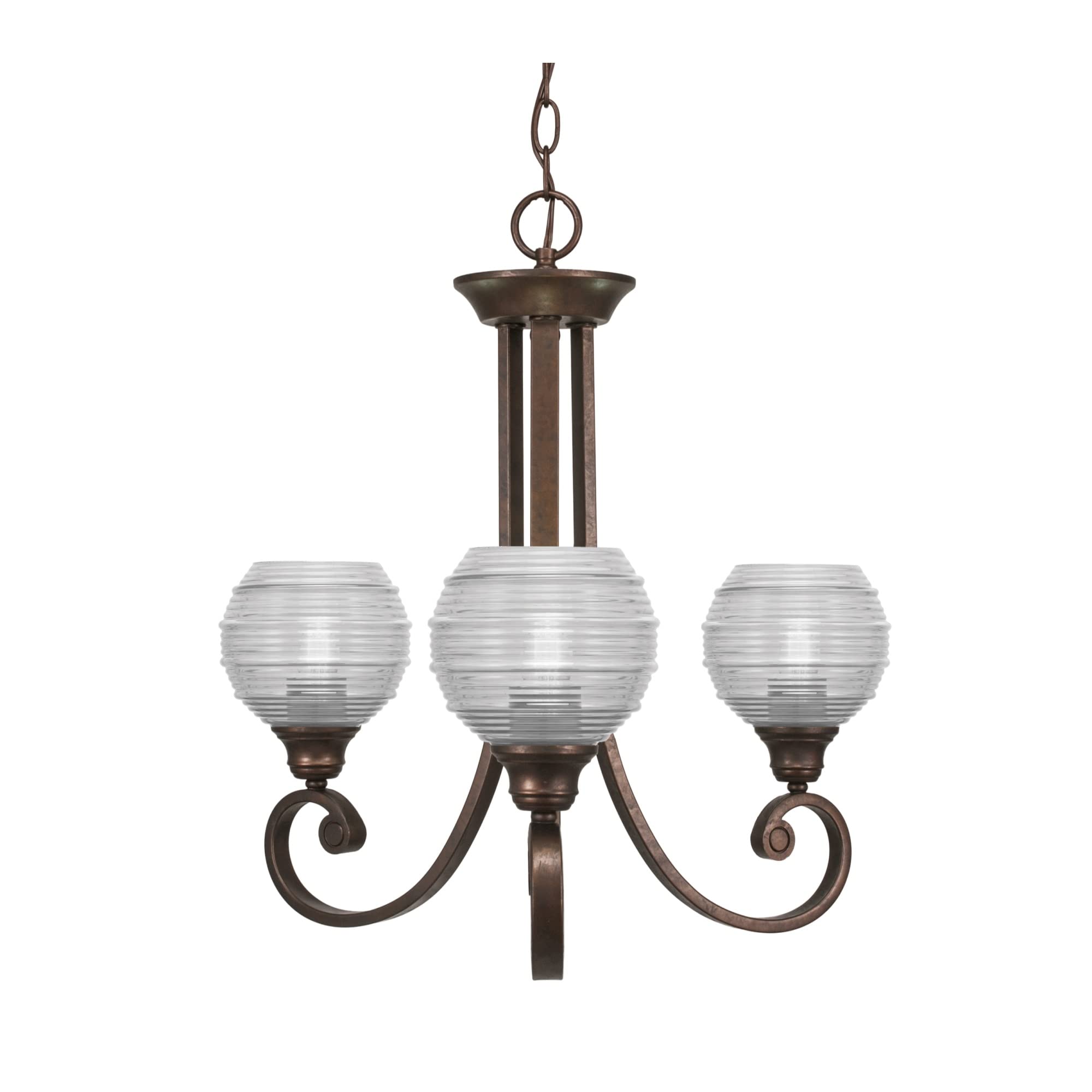 Curl Uplight, 3 Light, Chandelier Shown in Bronze Finish with 6&quot; Clear Ribbed Glass