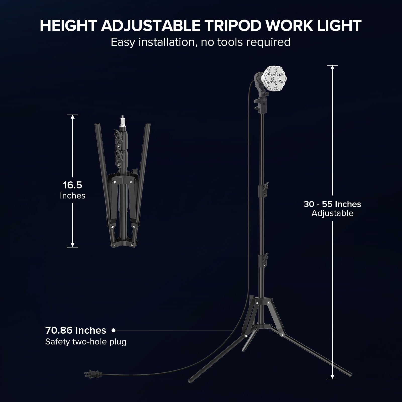 SANSI 400W Equivalent LED Work Light, 6000LM, 5000K, Telescoping Tripod Stand 30-55 Inches, Black, Carbon Steel