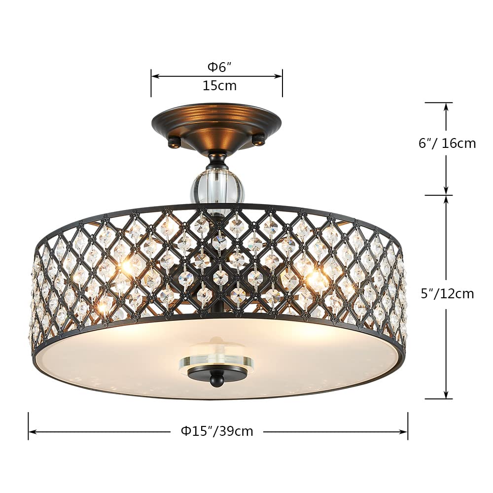 Saint Mossi Semi Flush Mount Ceiling Chandelier  Modern K9 Crystal Ceiling Light Fixture For Dining Room  Livingroom  Bedroom  H11 X D15.4  Matte Black Finish