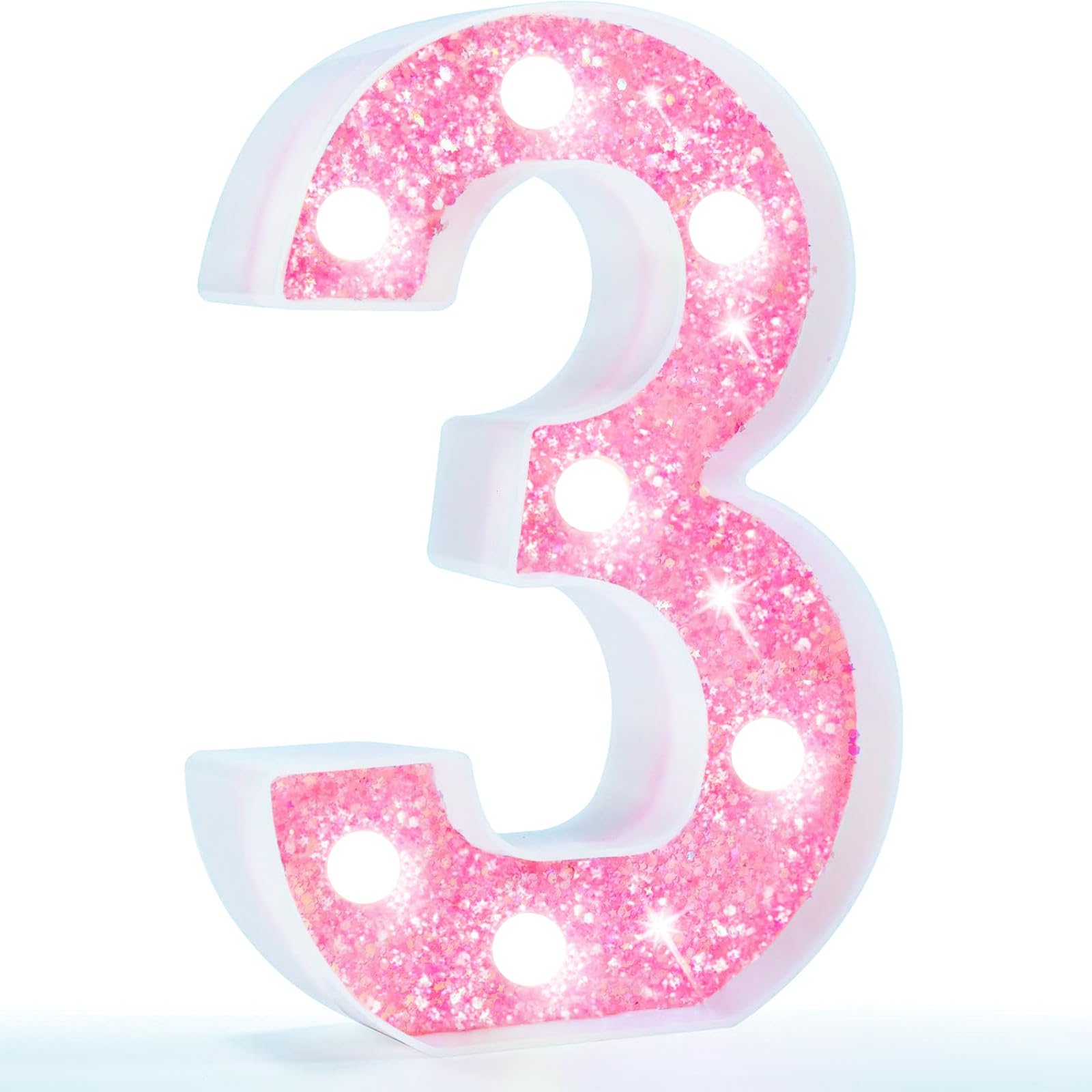 Pooqla Marquee Number Lights  Pink Light Up Numbers For Girls 3Rd 13Th Birthday  Battery Powered Glitter Number Night Light Gift For Christmas Bedroom Dorm Party Decoration  Cool White Number 3