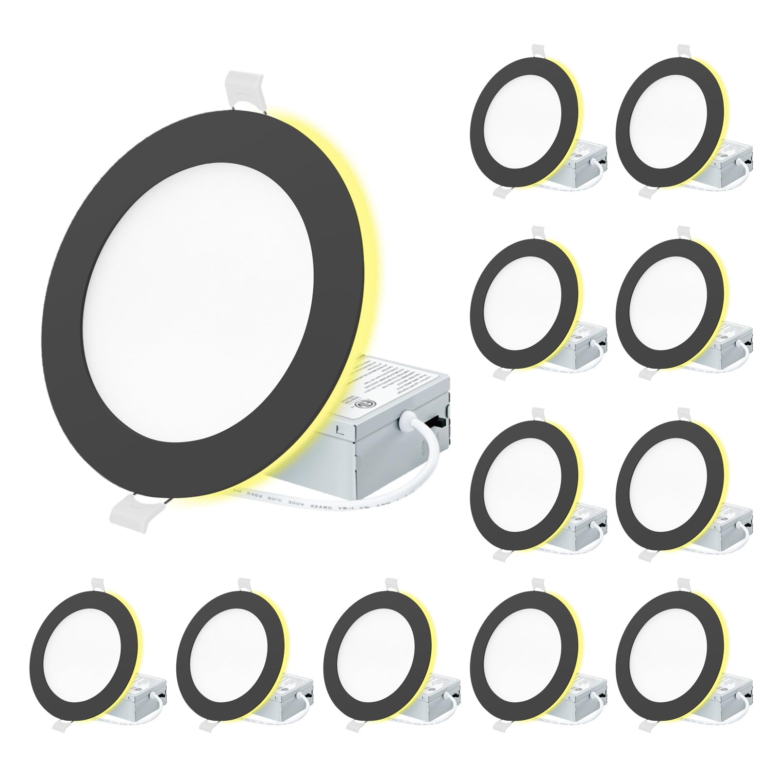 Eosmile 12 Pack 6 Inch Black 5Cct Led Recessed Light With Night Light  Dimmable Canless Wafer Downlight Etl&Fcc  2700K 3000K 3500K 4000K 5000K Selectable Ultra-Thin Lighting  12W  120V  1100Lm