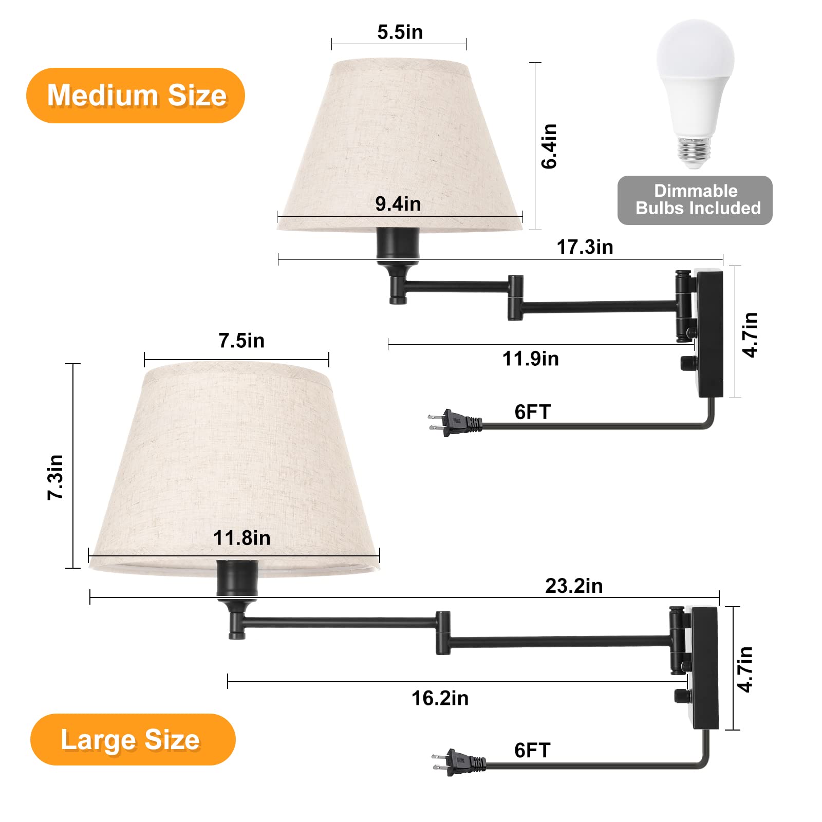 TRLIFE Wall Sconce, Remote Control Dimming 10-100%, 11.8" Large Beige Fabric Shade, Adjustable Color Temp 2700K-6500K, 2 Pack